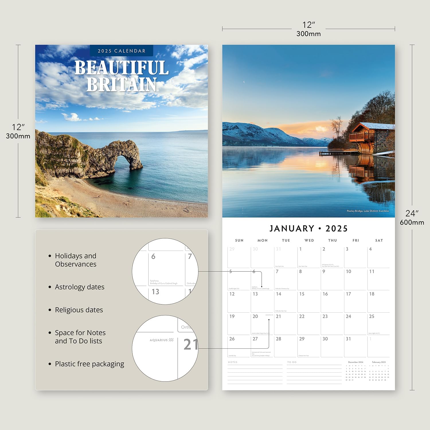 Red Robin 2025 Beautiful Britain Monthly Wall Calendar | 12" x 24" Open | Premium Thick & Sturdy Paper | Hangable 12 Month Calendar | Plastic Free | 4 Month Transition Page for 2024