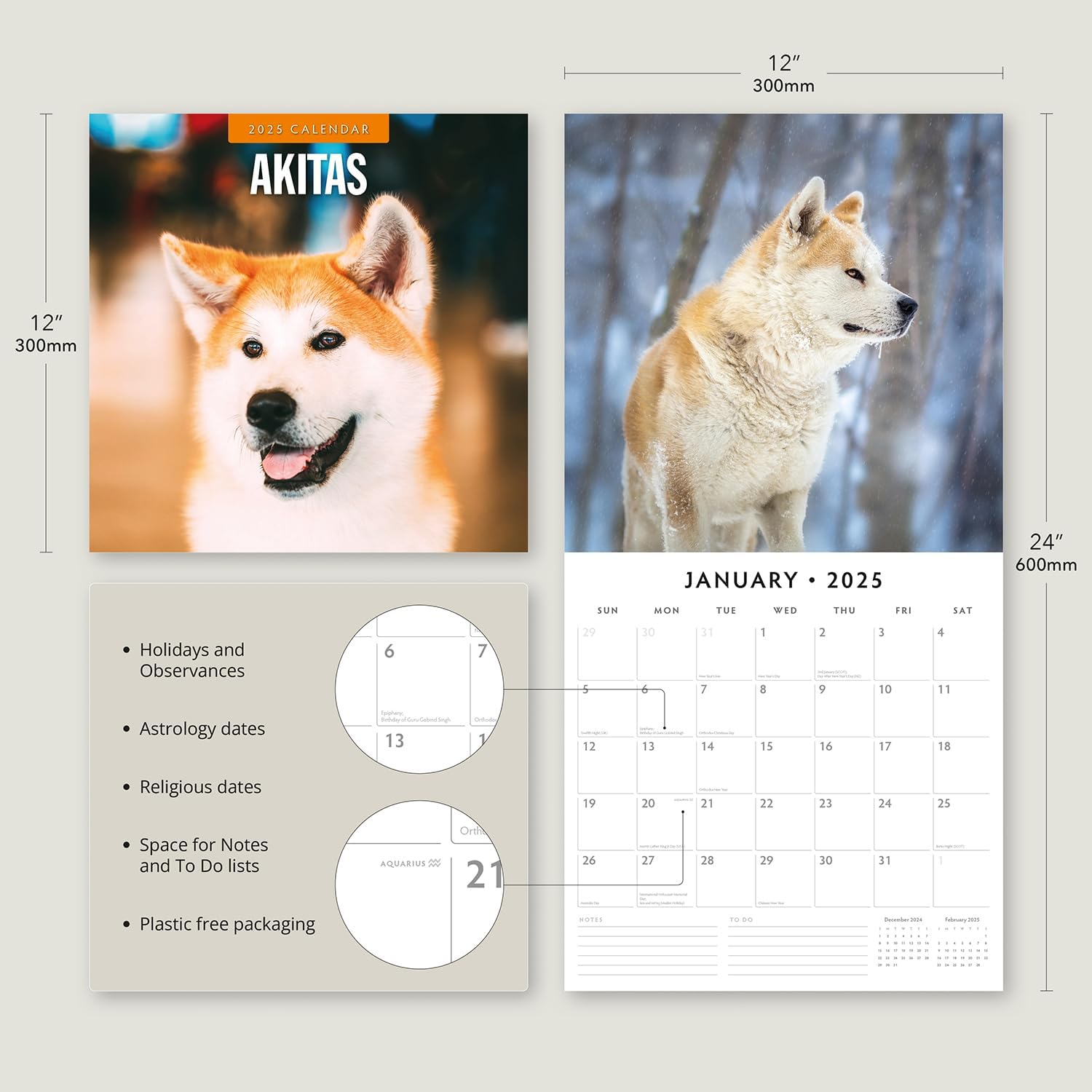 Red Robin 2025 Akitas Monthly Wall Calendar | 12" x 24" Open | Premium Thick & Sturdy Paper | Hangable 12 Month Calendar | Plastic Free | 4 Month Transition Page for 2024