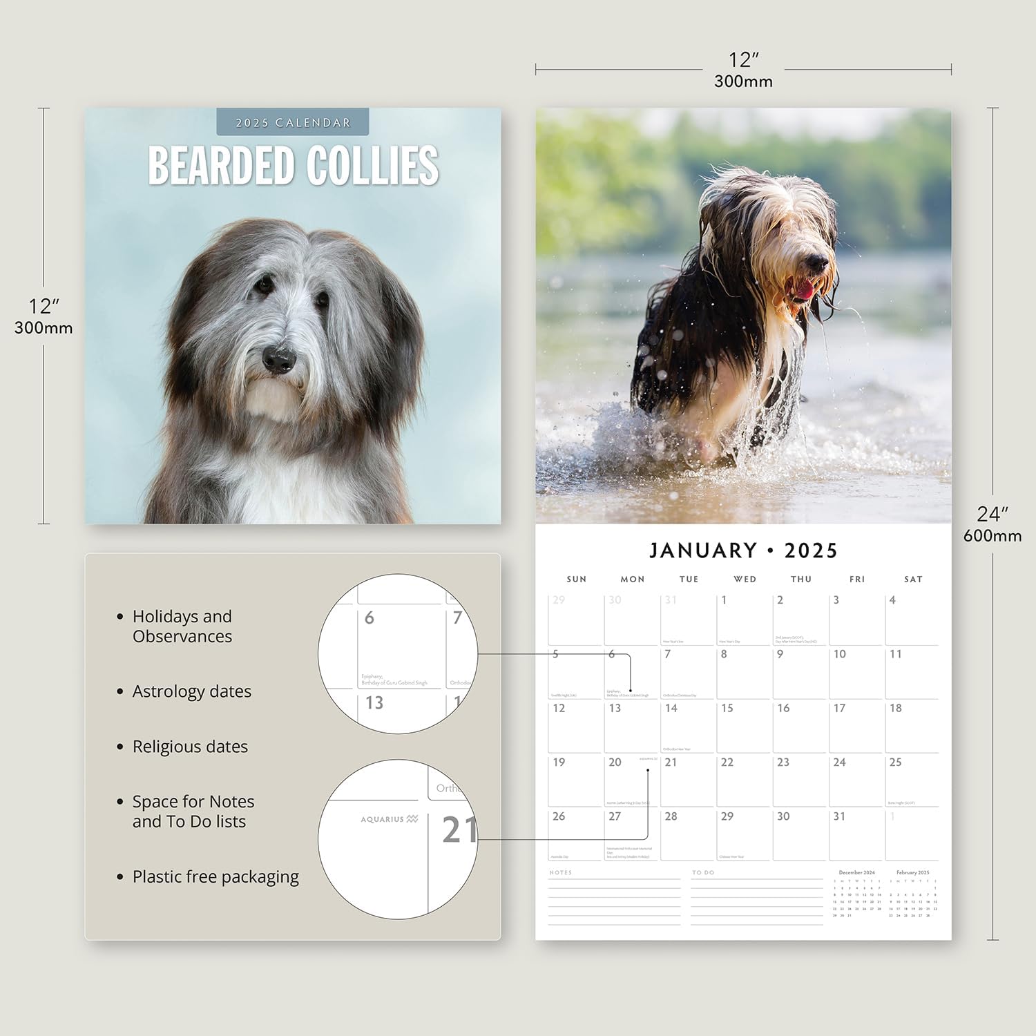 Red Robin 2025 Bearded Collies Monthly Wall Calendar | 12" x 24" Open | Premium Thick & Sturdy Paper | Hangable 12 Month Calendar | Plastic Free | 4 Month Transition Page for 2024