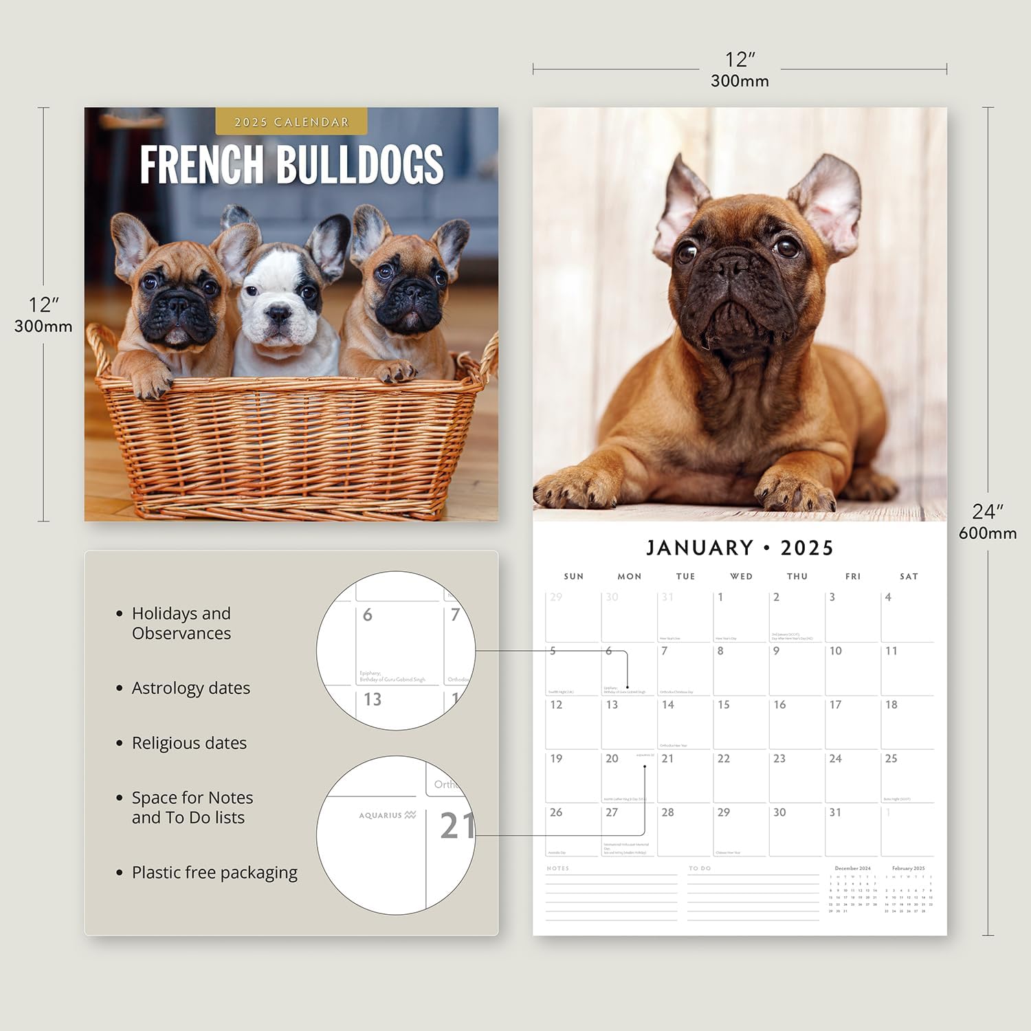 Red Robin 2025 French Bulldogs Monthly Wall Calendar | 12" x 24" Open | Premium Thick & Sturdy Paper | Hangable 12 Month Calendar | Plastic Free | 4 Month Transition Page for 2024
