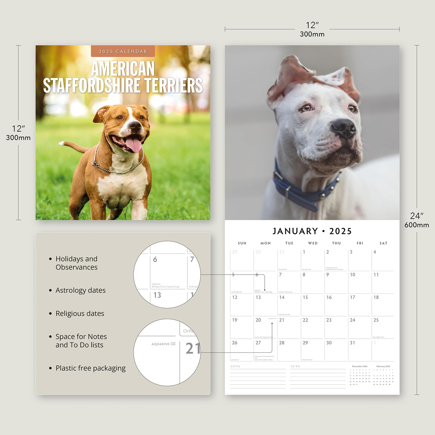 Red Robin 2025 American Staffordshire Terriers Monthly Wall Calendar | 12" x 24" Open | Premium Thick & Sturdy Paper | Hangable 12 Month Calendar | Plastic Free | 4 Month Transition Page for 2024