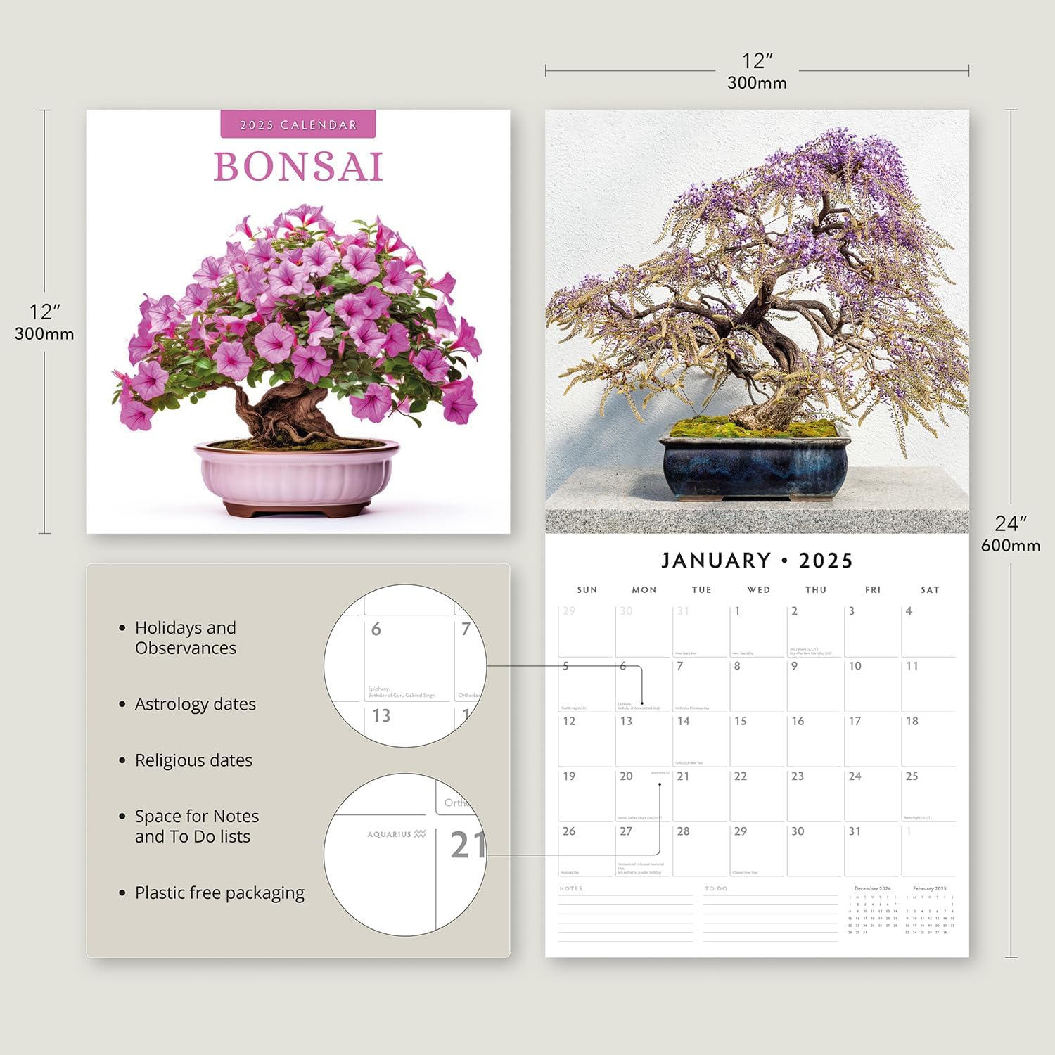 Red Robin 2025 Bonsai Monthly Wall Calendar | 12" x 24" Open | Premium Thick & Sturdy Paper | Hangable 12 Month Calendar | Plastic Free | 4 Month Transition Page for 2024