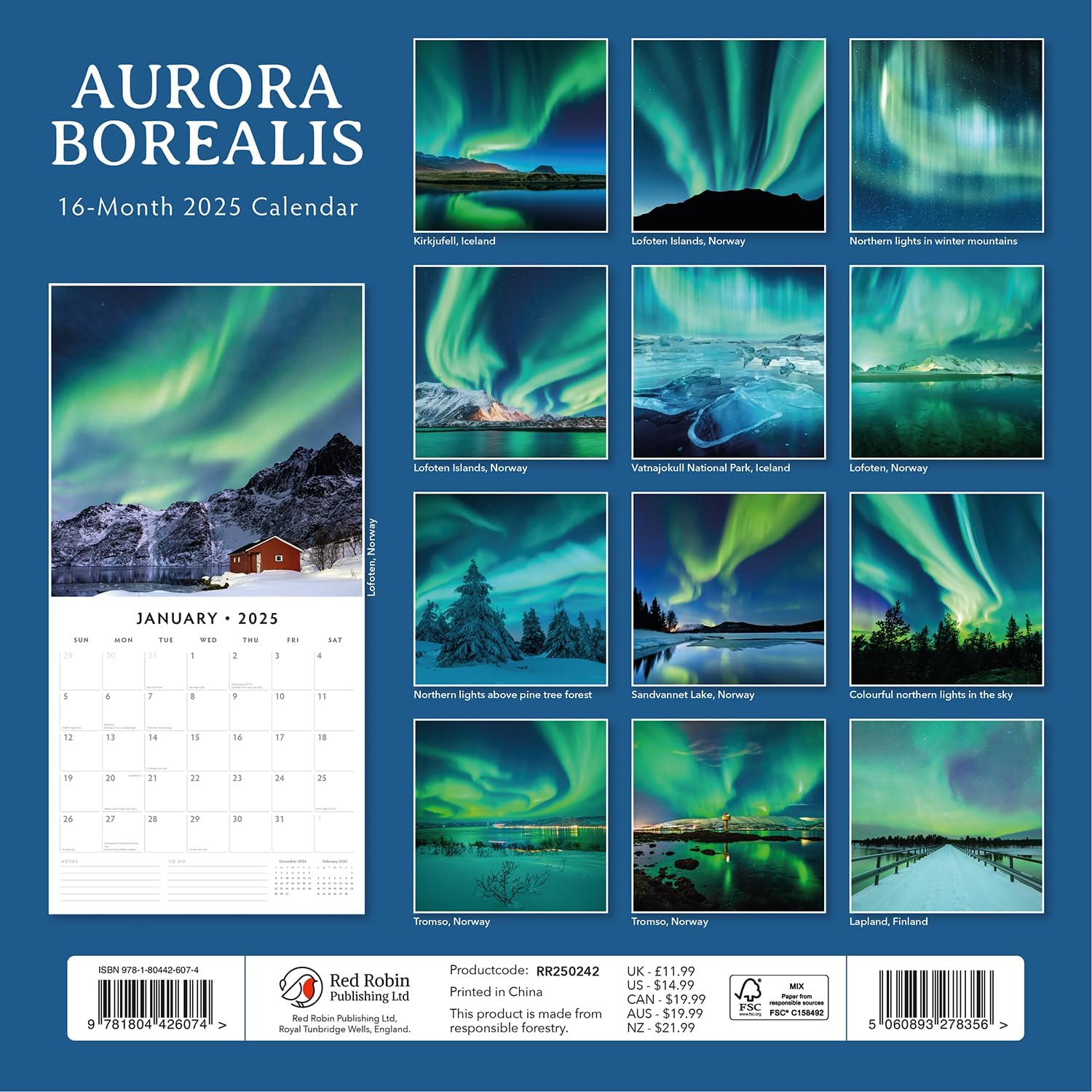 Red Robin 2025 Aurora Boraellis - Northern lights Monthly Wall Calendar | 12" x 24" Open | Premium Thick & Sturdy Paper | Hangable 12 Month Calendar | Plastic Free | 4 Month Transition Page for 2024