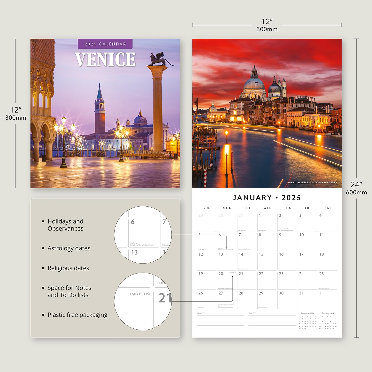 Red Robin 2025 Venice Monthly Wall Calendar | 12" x 24" Open | Premium Thick & Sturdy Paper | Hangable 12 Month Calendar | Plastic Free | 4 Month Transition Page for 2024