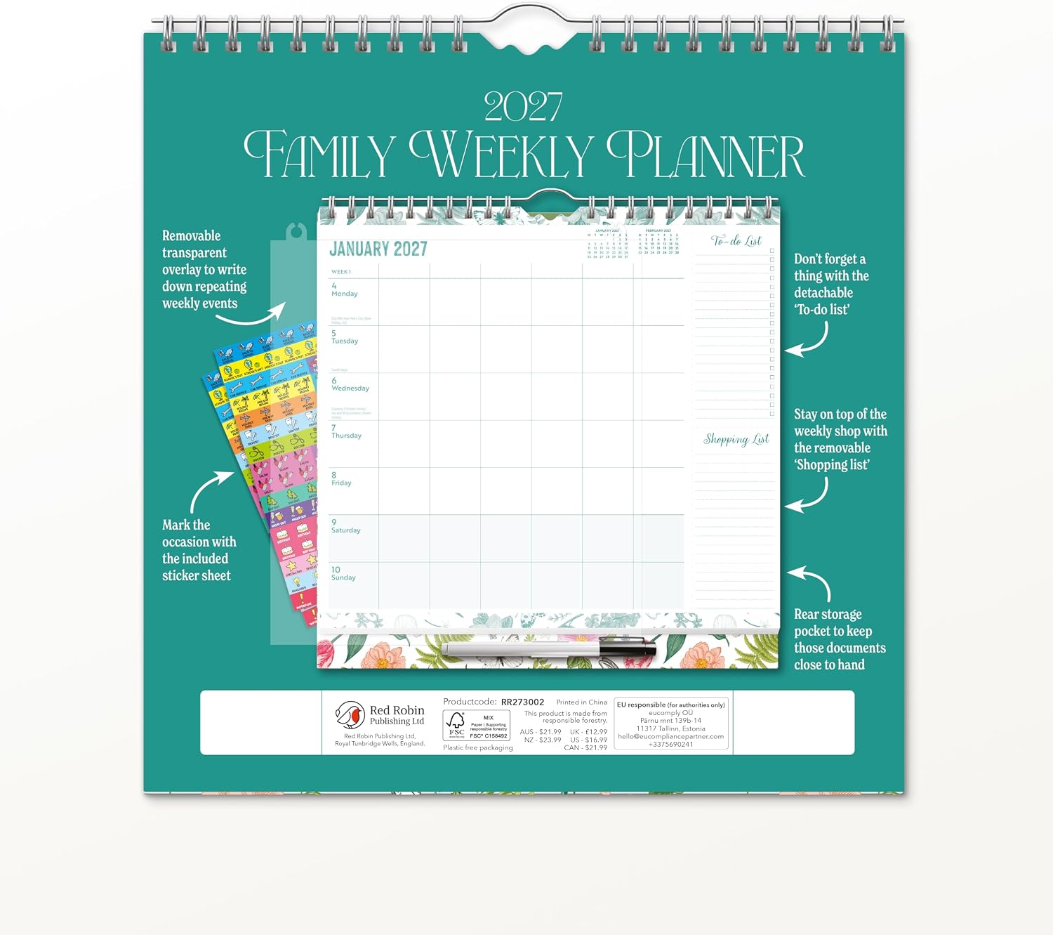 Red Robin 2027 Weekly Family Planner with Pen | 12" x 12"