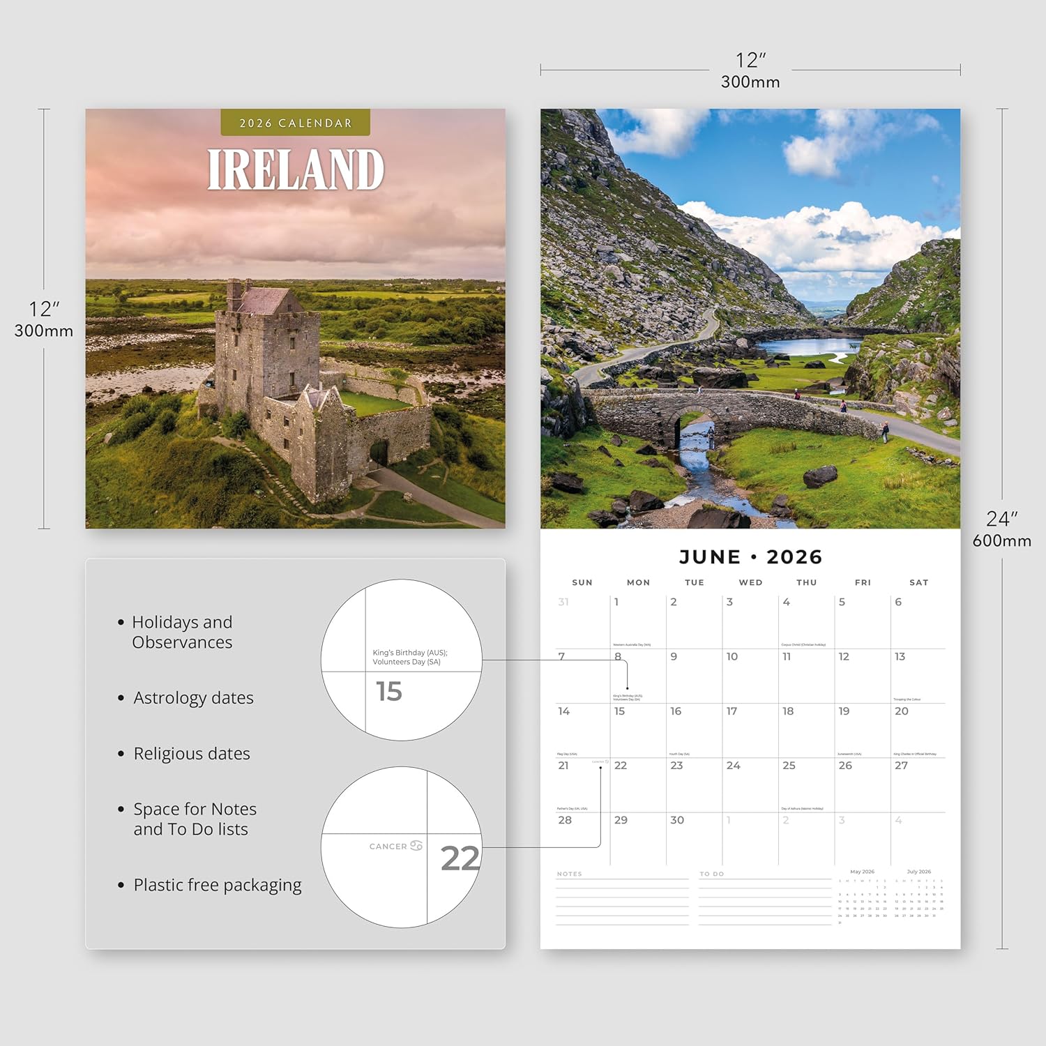Red Robin 2026 Ireland Monthly Wall Calendar | 12" x 24" Open | Premium Thick & Sturdy Paper | Hangable 12 Month Calendar | Lined Notes & To Do Area | Vivid Images | Plastic Free