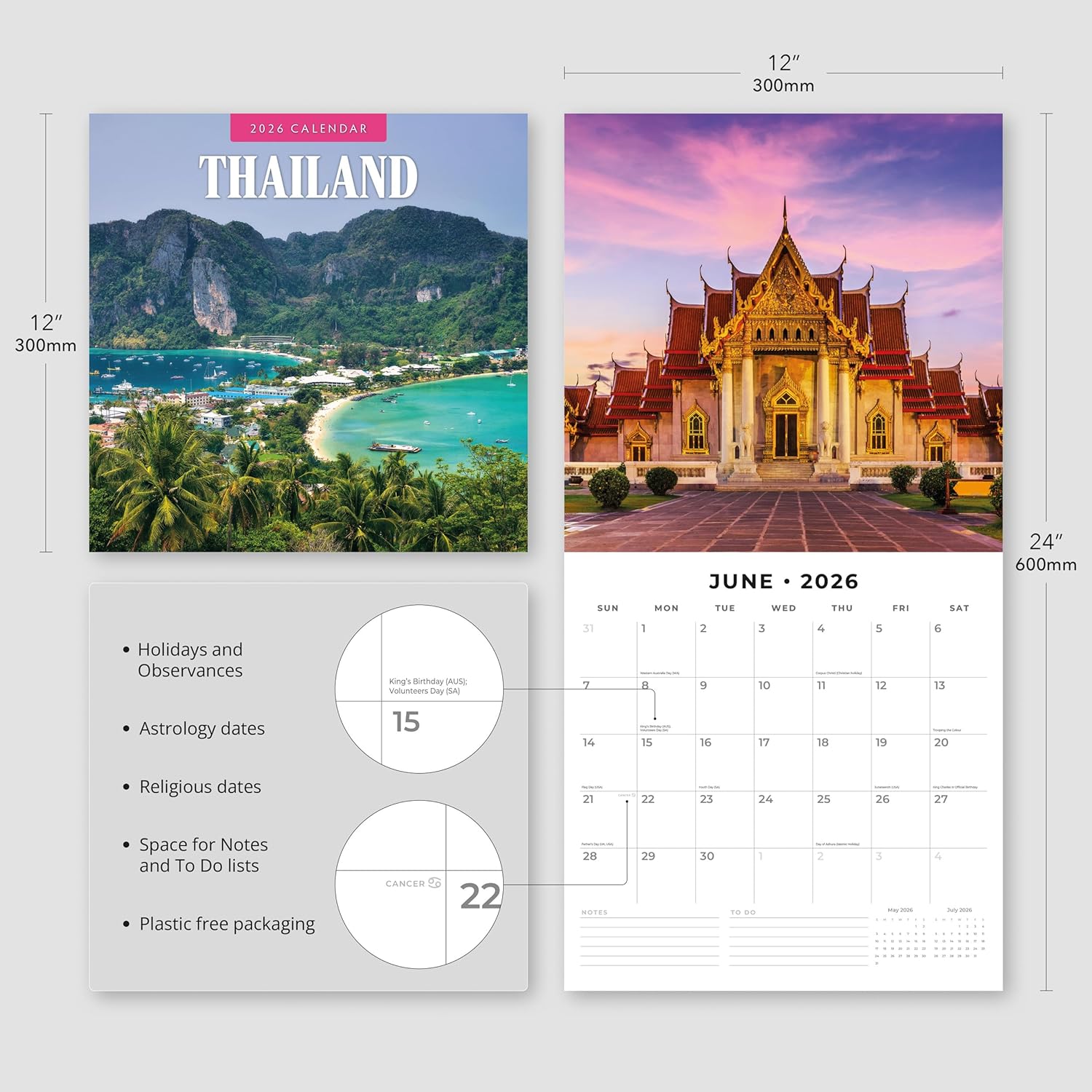 Red Robin 2026 Thailand Monthly Wall Calendar | 12" x 24" Open | Premium Thick & Sturdy Paper | Hangable 12 Month Calendar | Lined Notes & To Do Area | Vivid Images | Plastic Free