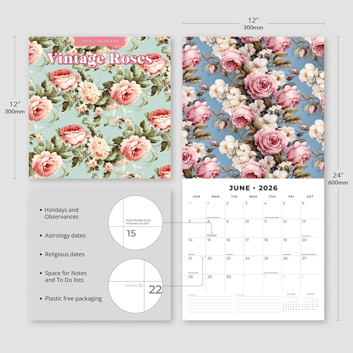 Red Robin 2026 Vintage Roses Monthly Wall Calendar | 12" x 24" Open | Premium Thick & Sturdy Paper | Hangable 12 Month Calendar | Lined Notes & To Do Area | Vivid Images | Plastic Free