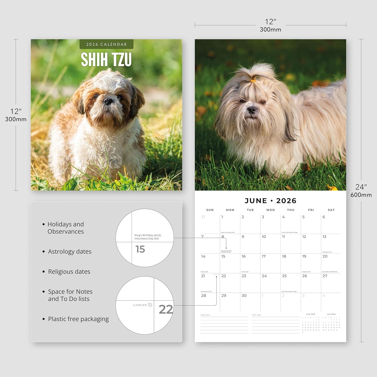 Red Robin 2026 Shih Tzu Monthly Wall Calendar | 12" x 24" Open | Premium Thick & Sturdy Paper | Hangable 12 Month Calendar | Lined Notes & To Do Area | Vivid Images | Plastic Free