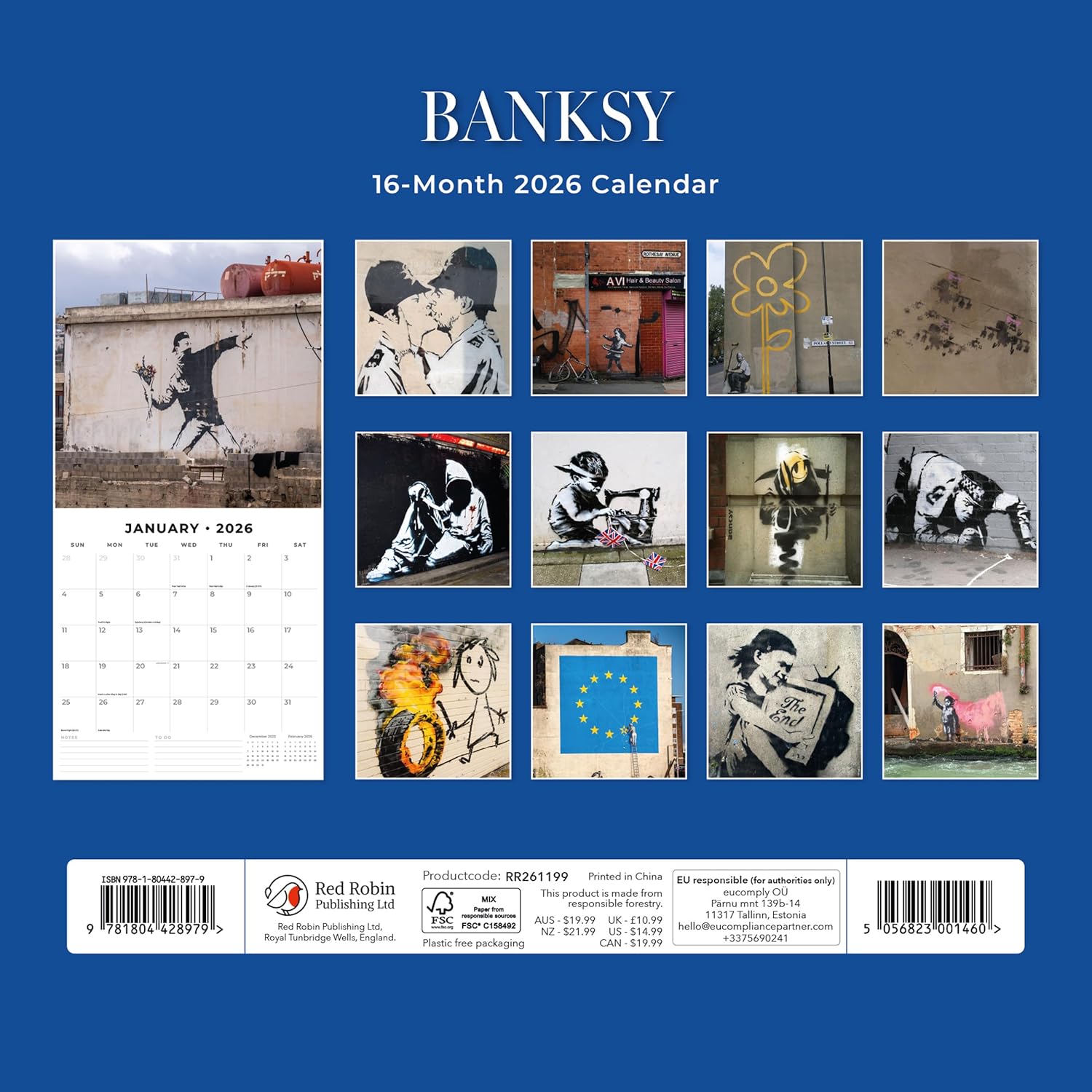 Red Robin 2026 Banksy Monthly Wall Calendar | 12" x 24" Open | Premium Thick & Sturdy Paper | Hangable 12 Month Calendar | Lined Notes & To Do Area | Vivid Images | Plastic Free