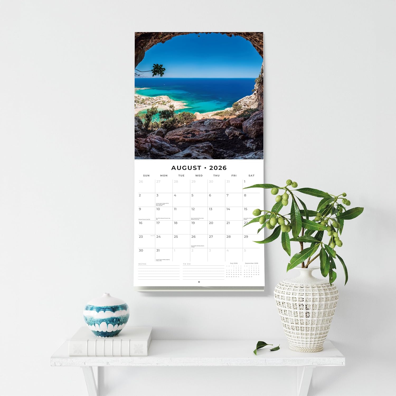 Red Robin 2026 Greek Islands Monthly Wall Calendar | 12" x 24" Open | Premium Thick & Sturdy Paper | Hangable 12 Month Calendar | Lined Notes & To Do Area | Vivid Images | Plastic Free