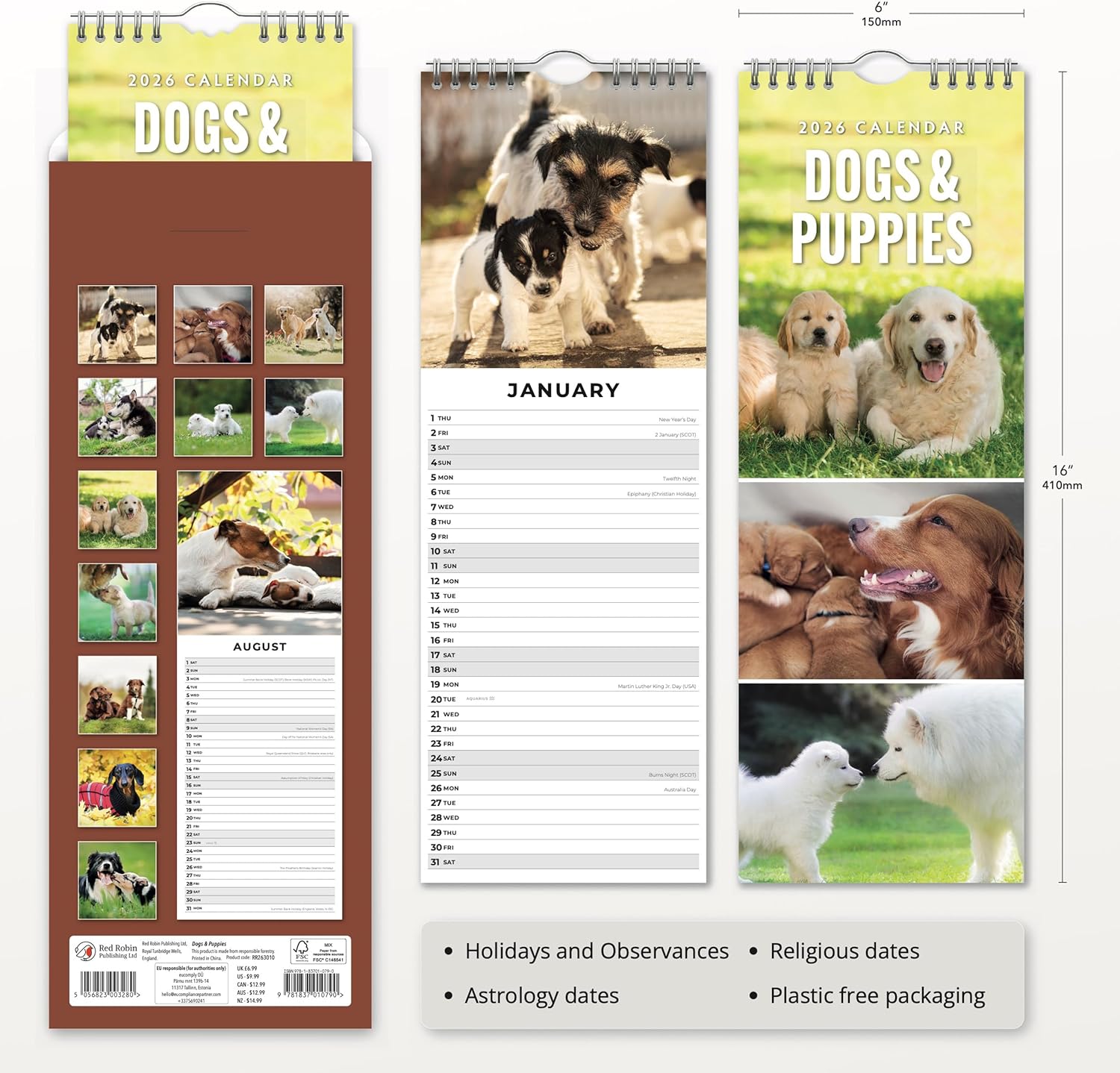 Red Robin 2026 Dogs & Puppies Monthly Slim Calendar | 6" x 16" Open | Premium Thick & Sturdy Paper | Tall Hangable 12 Month Calendar | Vivid Images | Plastic Free | Wire Spiral