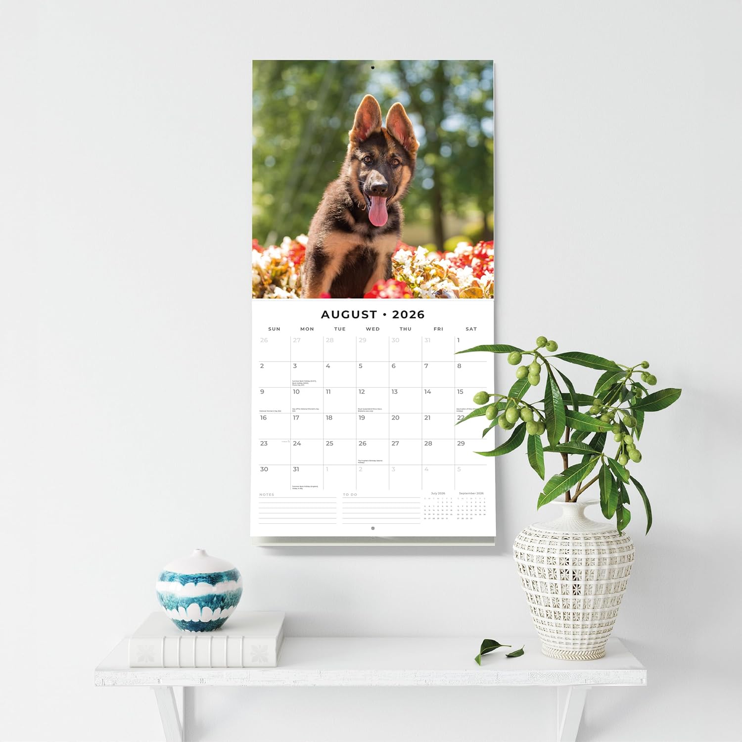 Red Robin 2026 German Shepherd Puppies Monthly Wall Calendar | 12" x 24" Open | Premium Thick & Sturdy Paper | Hangable 12 Month Calendar | Lined Notes & To Do Area | Vivid Images | Plastic Free