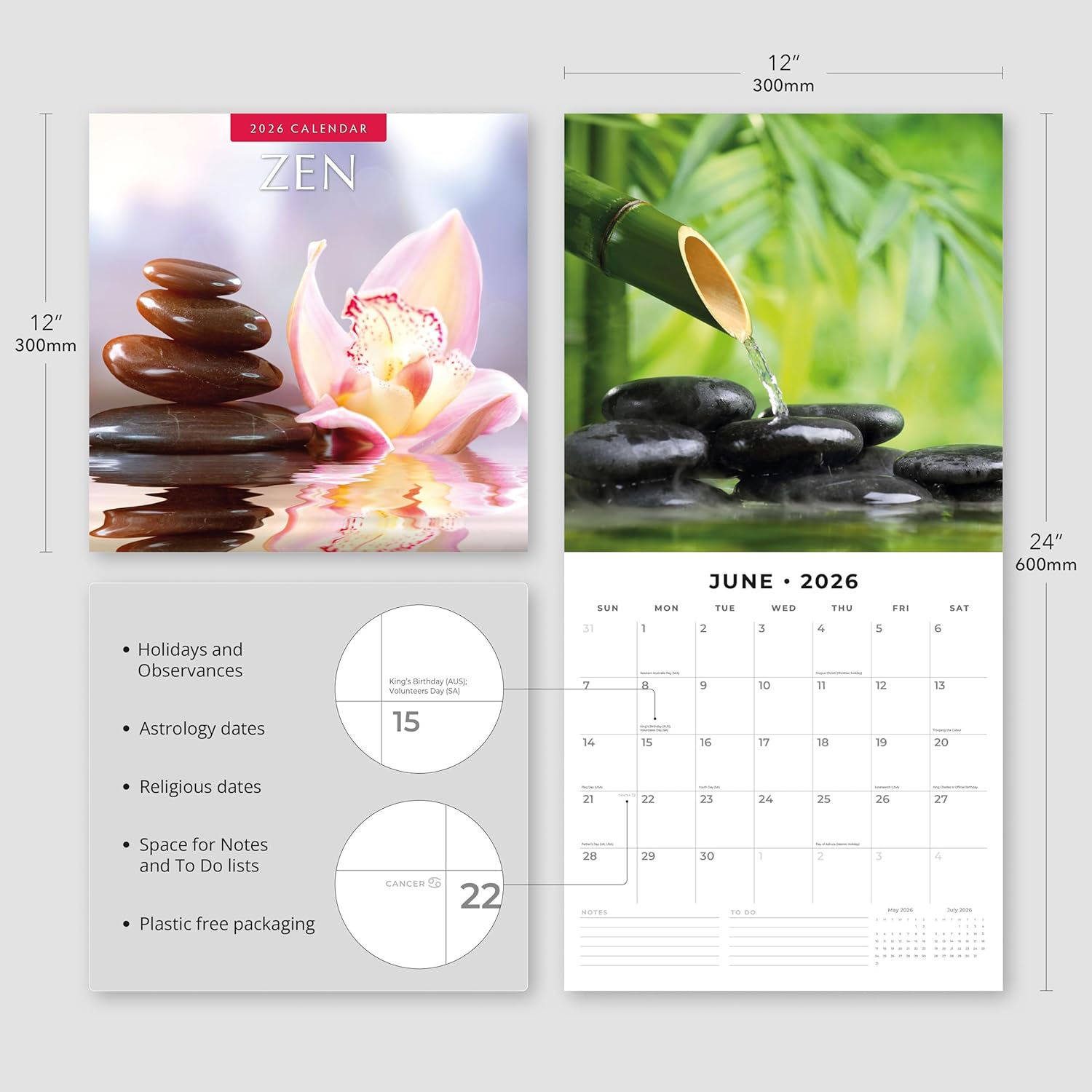 Red Robin 2026 Zen Monthly Wall Calendar | 12" x 24" Open | Premium Thick & Sturdy Paper | Hangable 12 Month Calendar | Lined Notes & To Do Area | Vivid Images | Plastic Free