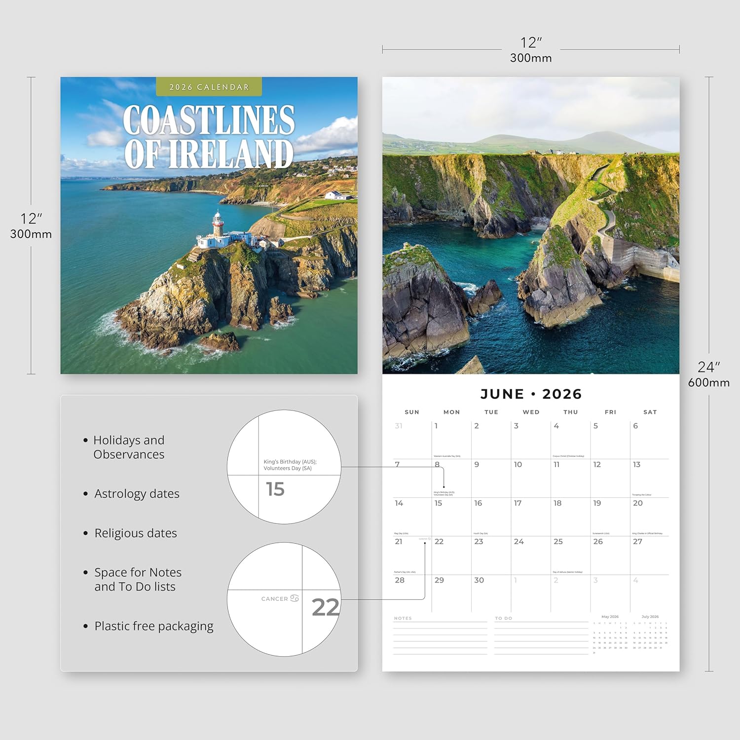 Red Robin 2026 Coastlines of Ireland Monthly Wall Calendar | 12" x 24" Open | Premium Thick & Sturdy Paper | Hangable 12 Month Calendar | Lined Notes & To Do Area | Vivid Images | Plastic Free