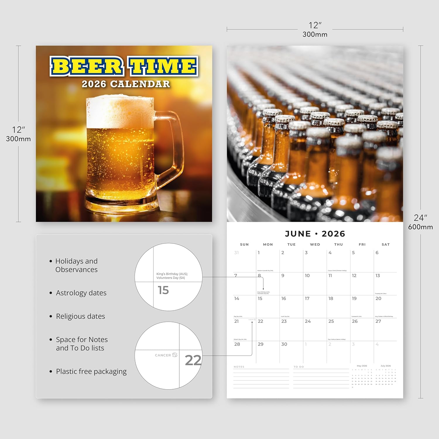 Red Robin 2026 Beer Time Monthly Wall Calendar | 12" x 24" Open | Premium Thick & Sturdy Paper | Hangable 12 Month Calendar | Lined Notes & To Do Area | Vivid Images | Plastic Free