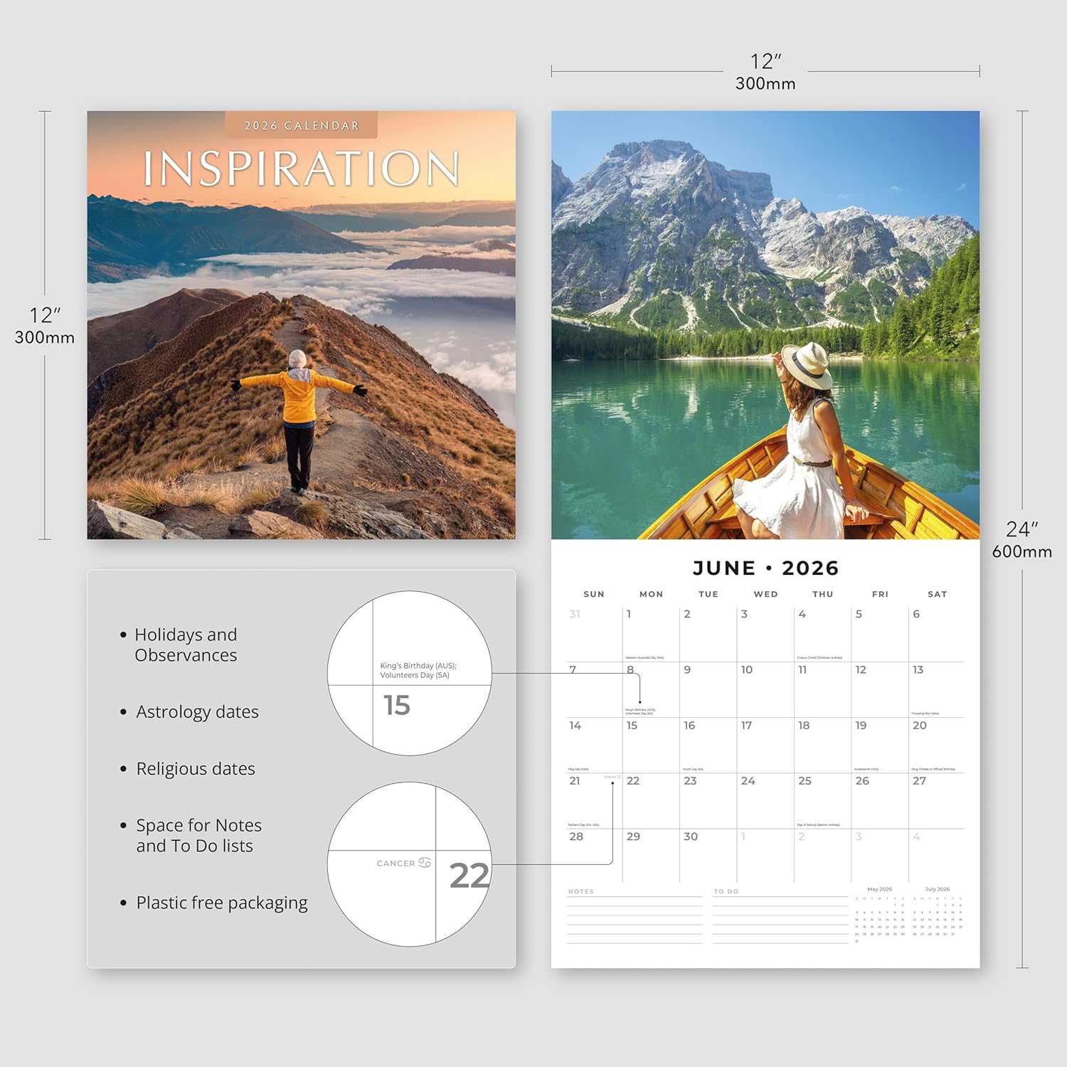 Red Robin 2026 Inspiration Monthly Wall Calendar | 12" x 24" Open | Premium Thick & Sturdy Paper | Hangable 12 Month Calendar | Lined Notes & To Do Area | Vivid Images | Plastic Free