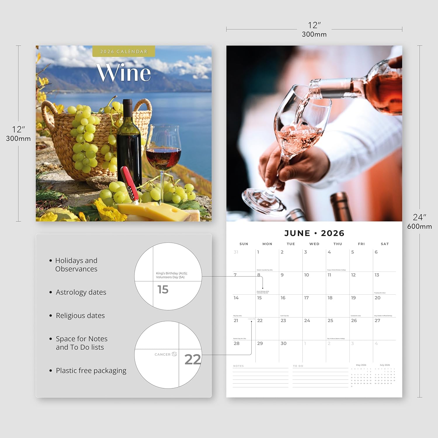 Red Robin 2026 Wine Monthly Wall Calendar | 12" x 24" Open | Premium Thick & Sturdy Paper | Hangable 12 Month Calendar | Lined Notes & To Do Area | Vivid Images | Plastic Free