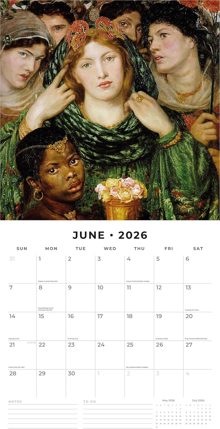 Red Robin 2026 Pre-Raphaelites Monthly Wall Calendar | 12" x 24" Open | Premium Thick & Sturdy Paper | Hangable 12 Month Calendar | Lined Notes & To Do Area | Vivid Images | Plastic Free
