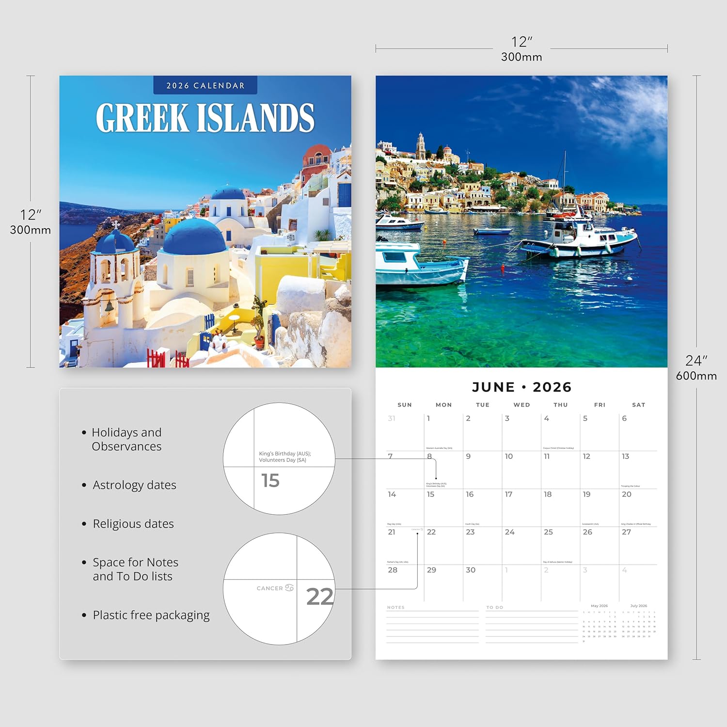 Red Robin 2026 Greek Islands Monthly Wall Calendar | 12" x 24" Open | Premium Thick & Sturdy Paper | Hangable 12 Month Calendar | Lined Notes & To Do Area | Vivid Images | Plastic Free