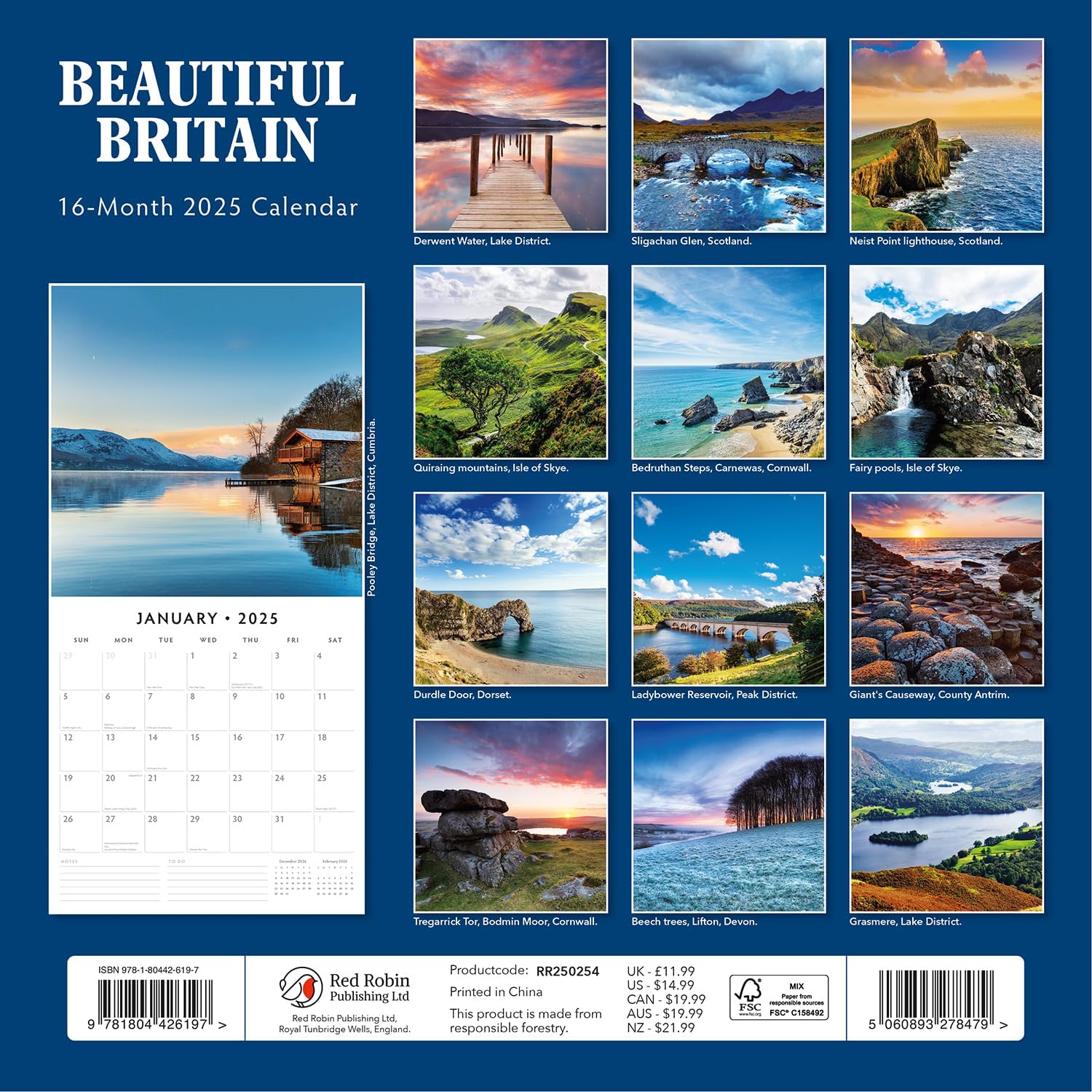 Red Robin 2025 Beautiful Britain Monthly Wall Calendar | 12" x 24" Open | Premium Thick & Sturdy Paper | Hangable 12 Month Calendar | Plastic Free | 4 Month Transition Page for 2024