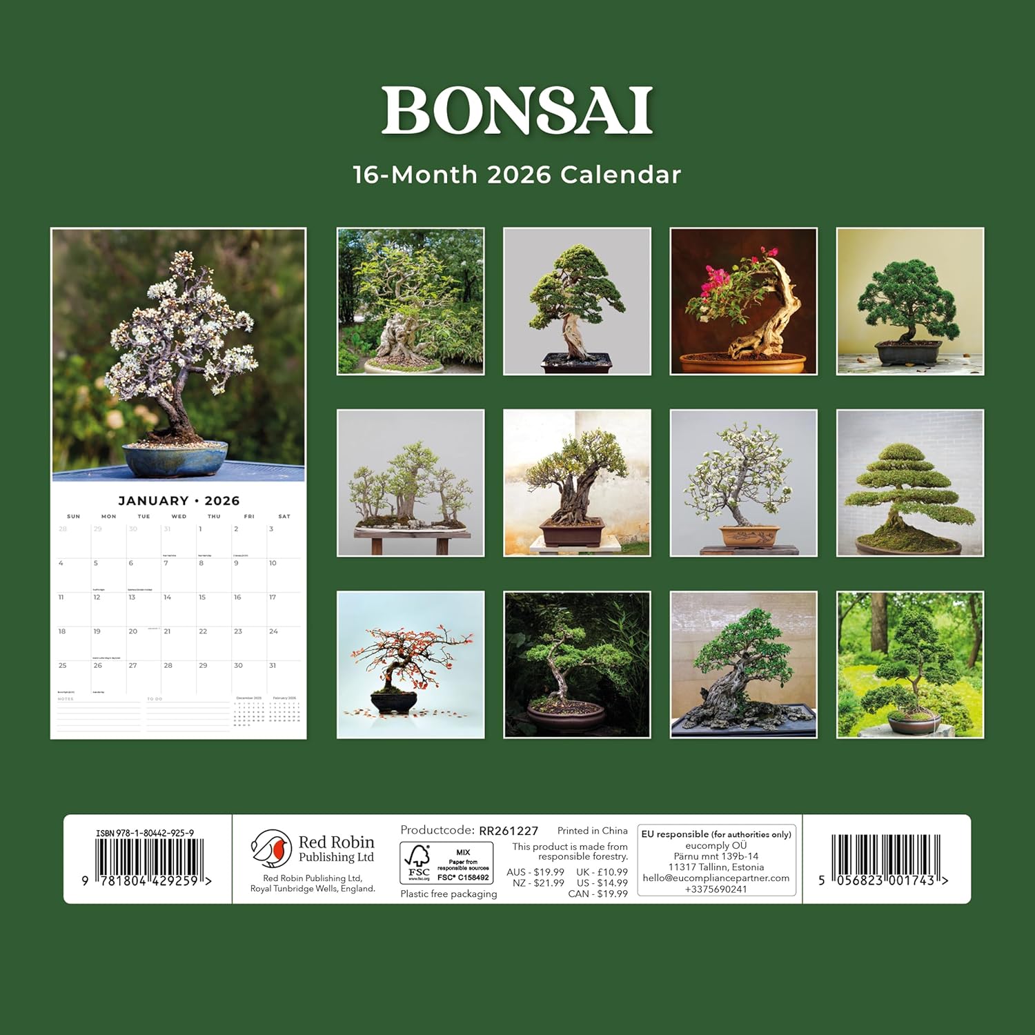 Red Robin 2026 Bonsai Monthly Wall Calendar | 12" x 24" Open | Premium Thick & Sturdy Paper | Hangable 12 Month Calendar | Lined Notes & To Do Area | Vivid Images | Plastic Free