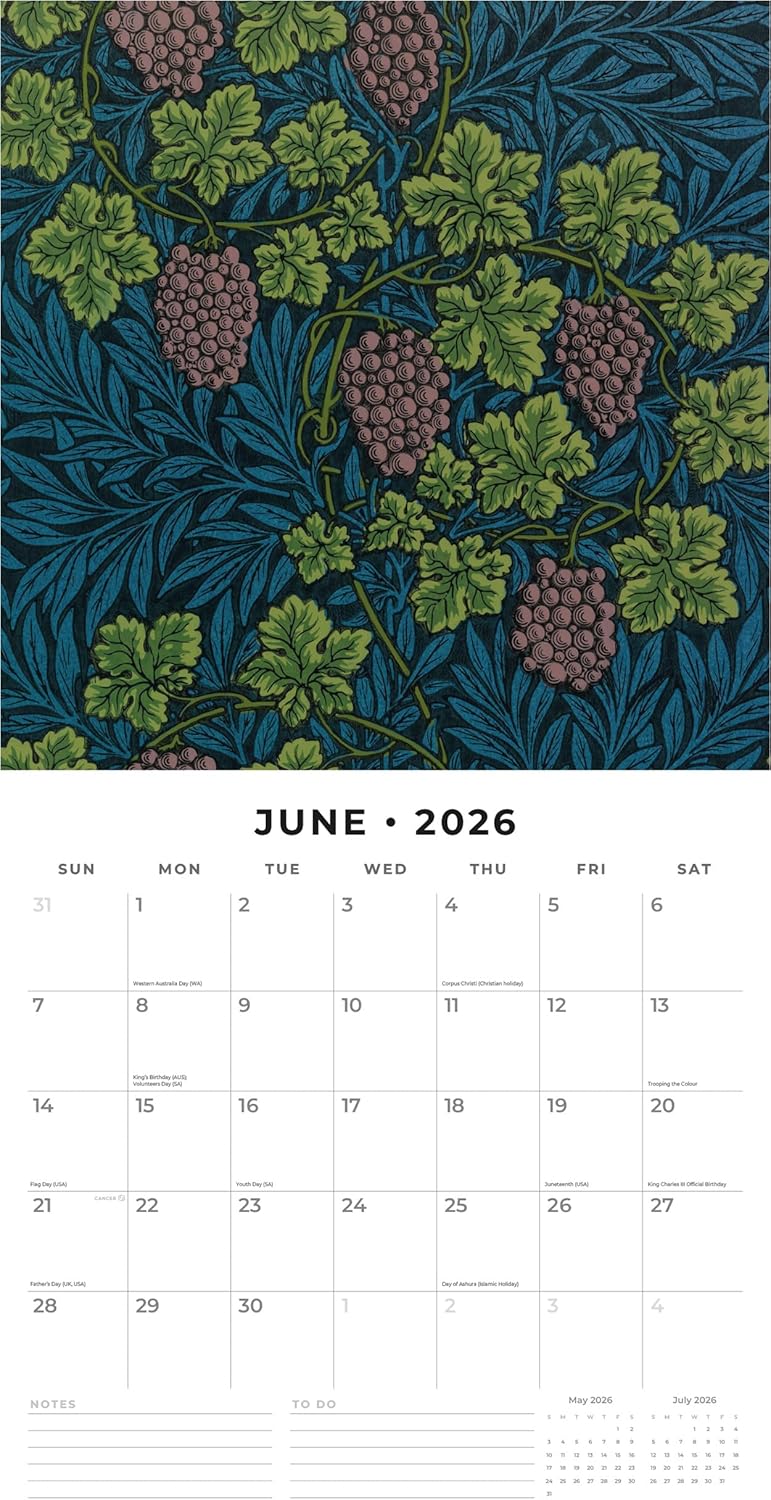 Red Robin 2026 William Morris Monthly Wall Calendar | 12" x 24" Open | Premium Thick & Sturdy Paper | Hangable 12 Month Calendar | Lined Notes & To Do Area | Vivid Images | Plastic Free