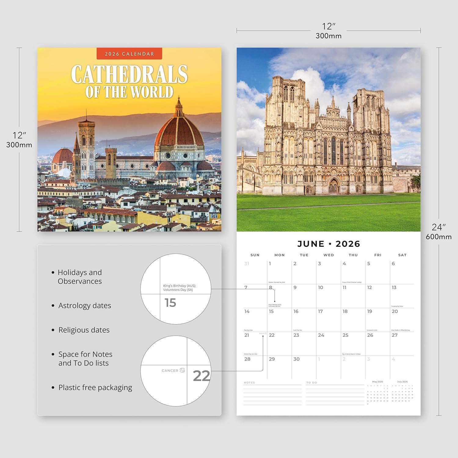 Red Robin 2026 Cathedrals of the World Monthly Wall Calendar | 12" x 24" Open | Premium Thick & Sturdy Paper | Hangable 12 Month Calendar | Lined Notes & To Do Area | Vivid Images | Plastic Free