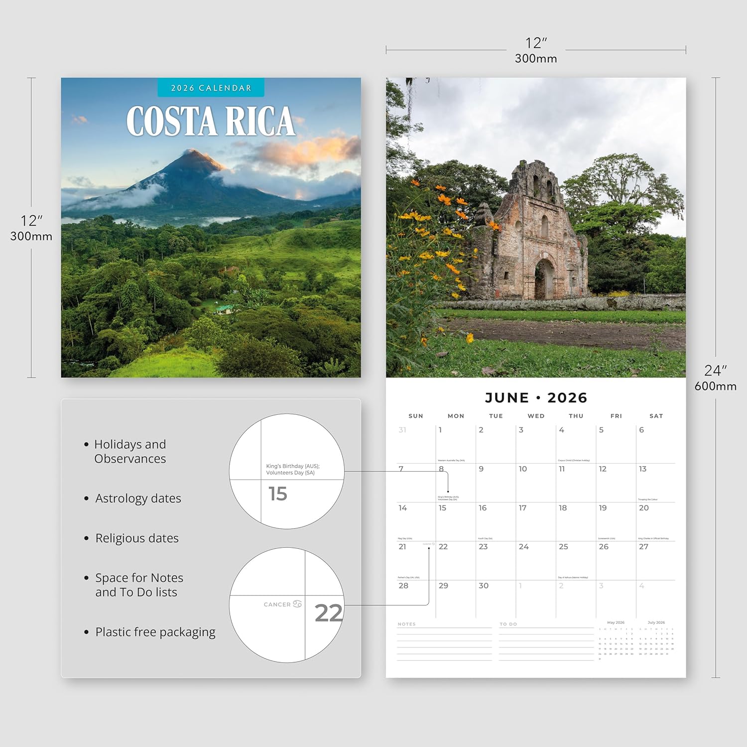Red Robin 2026 Costa Rica Monthly Wall Calendar | 12" x 24" Open | Premium Thick & Sturdy Paper | Hangable 12 Month Calendar | Lined Notes & To Do Area | Vivid Images | Plastic Free