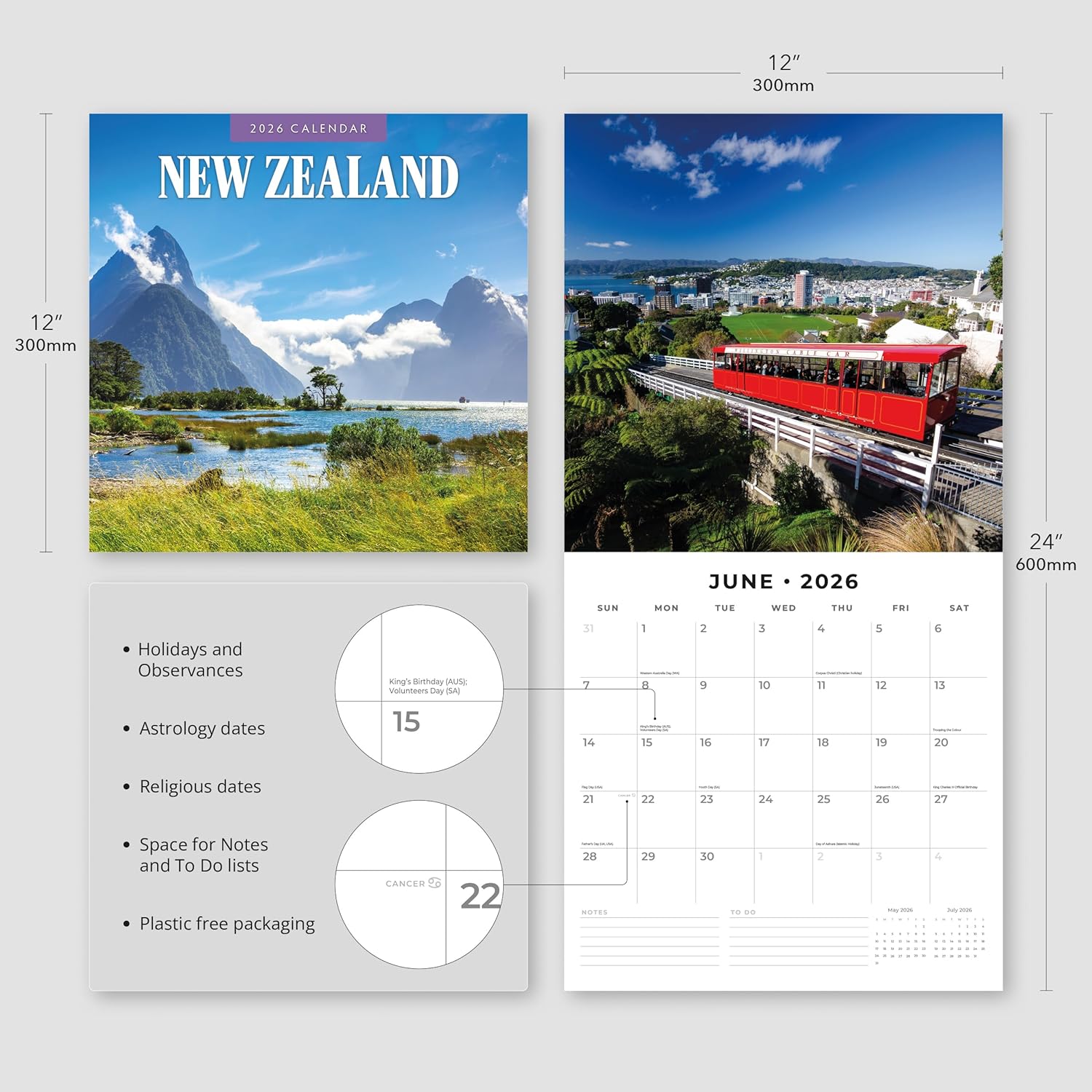 Red Robin 2026 New Zealand Monthly Wall Calendar | 12" x 24" Open | Premium Thick & Sturdy Paper | Hangable 12 Month Calendar | Lined Notes & To Do Area | Vivid Images | Plastic Free