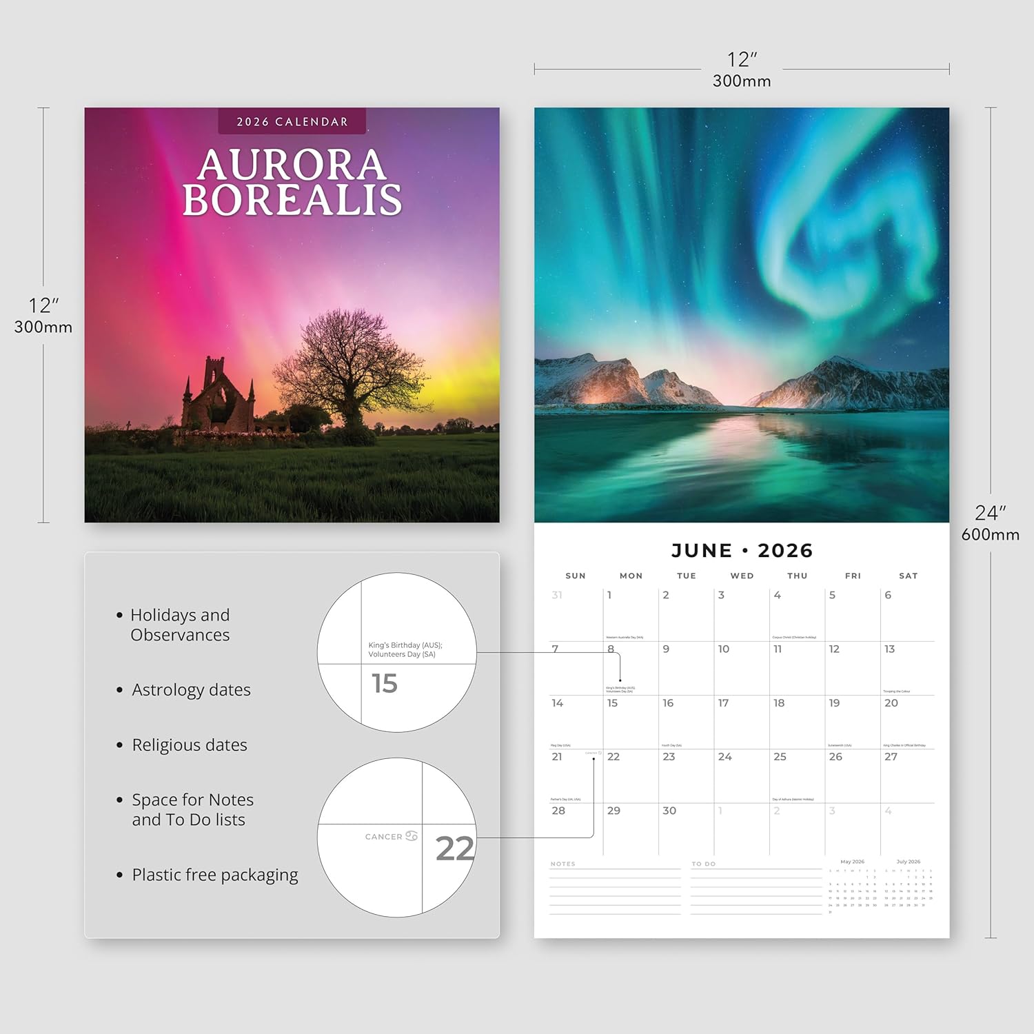 Red Robin 2026 Aurora Boraellis - Northern lights Monthly Wall Calendar | 12" x 24" Open | Premium Thick & Sturdy Paper | Hangable 12 Month Calendar | Lined Notes & To Do Area | Plastic Free