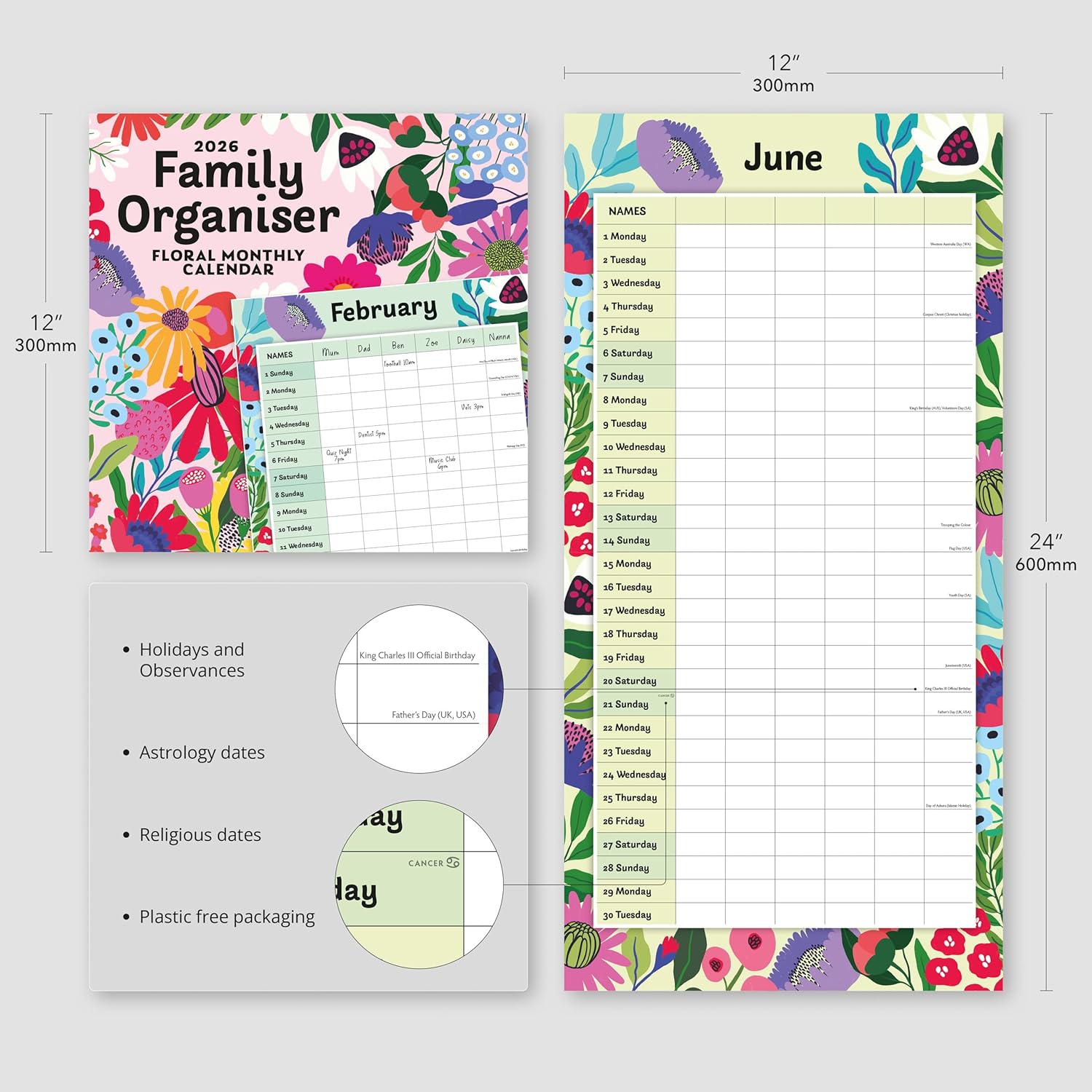 Red Robin 2026 Floral Family Organiser Monthly Wall Calendar | 12" x 24" Open | Premium Thick & Sturdy Paper | Hangable 12 Month Calendar | Lined Notes & To Do Area | Vivid Images | Plastic Free