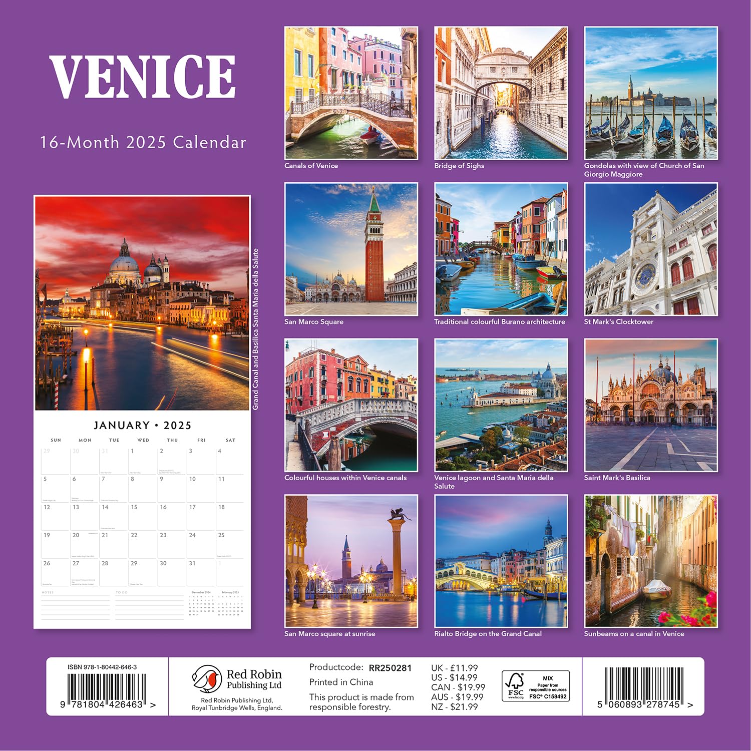 Red Robin 2025 Venice Monthly Wall Calendar | 12" x 24" Open | Premium Thick & Sturdy Paper | Hangable 12 Month Calendar | Plastic Free | 4 Month Transition Page for 2024
