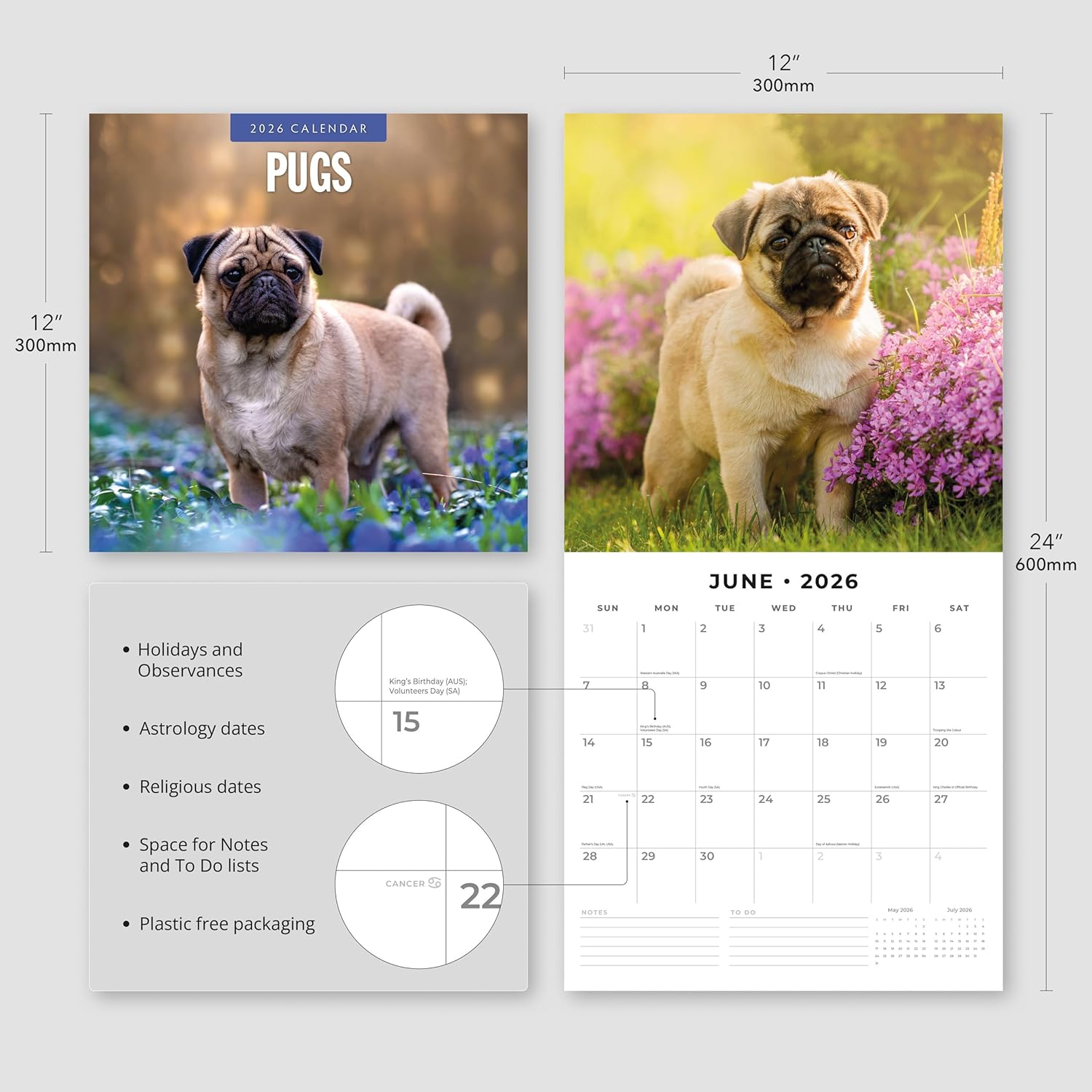 Red Robin 2026 Pugs Monthly Wall Calendar | 12" x 24" Open | Premium Thick & Sturdy Paper | Hangable 12 Month Calendar | Lined Notes & To Do Area | Vivid Images | Plastic Free