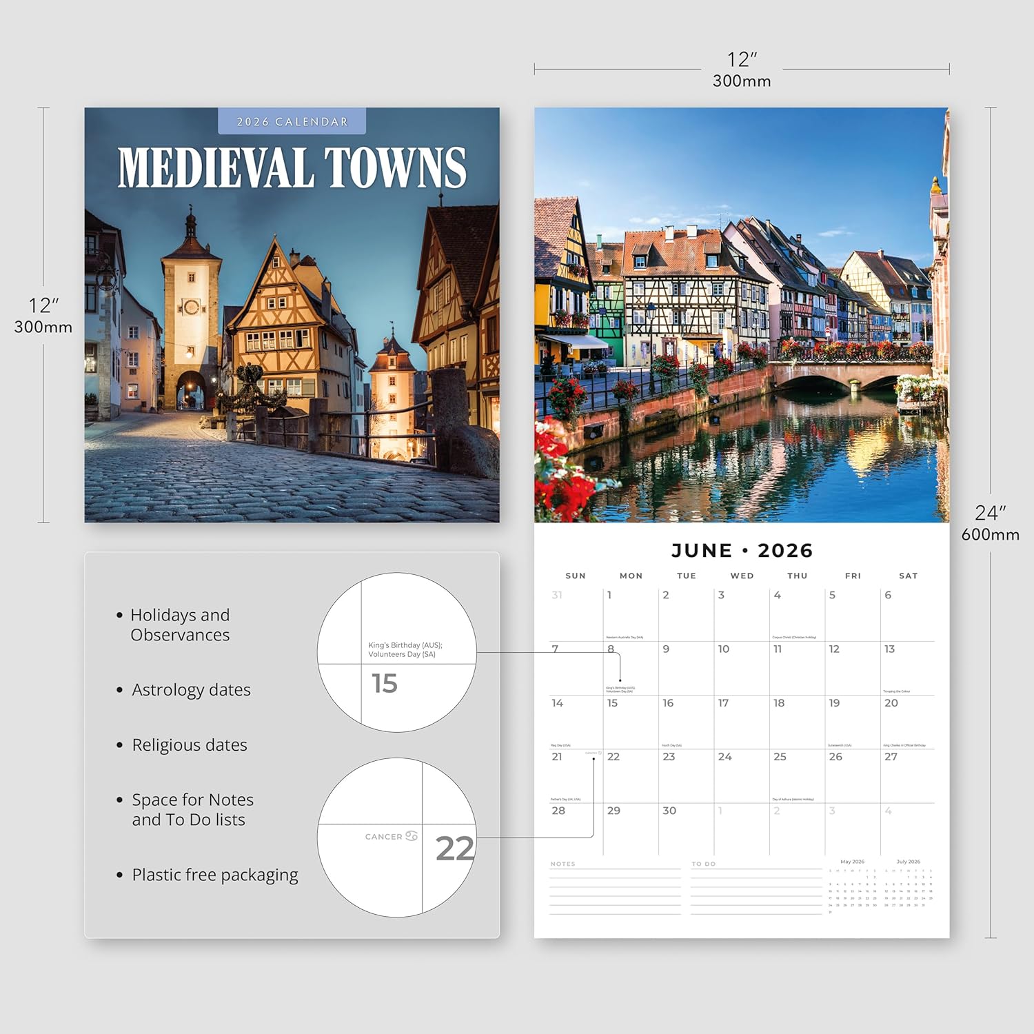 Red Robin 2026 Medieval Towns Monthly Wall Calendar | 12" x 24" Open | Premium Thick & Sturdy Paper | Hangable 12 Month Calendar | Lined Notes & To Do Area | Vivid Images | Plastic Free