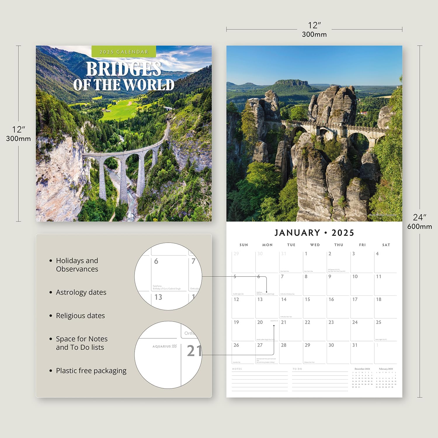 Red Robin 2025 Bridges of the World Monthly Wall Calendar | 12" x 24" Open | Premium Thick & Sturdy Paper | Hangable 12 Month Calendar | Plastic Free | 4 Month Transition Page for 2024