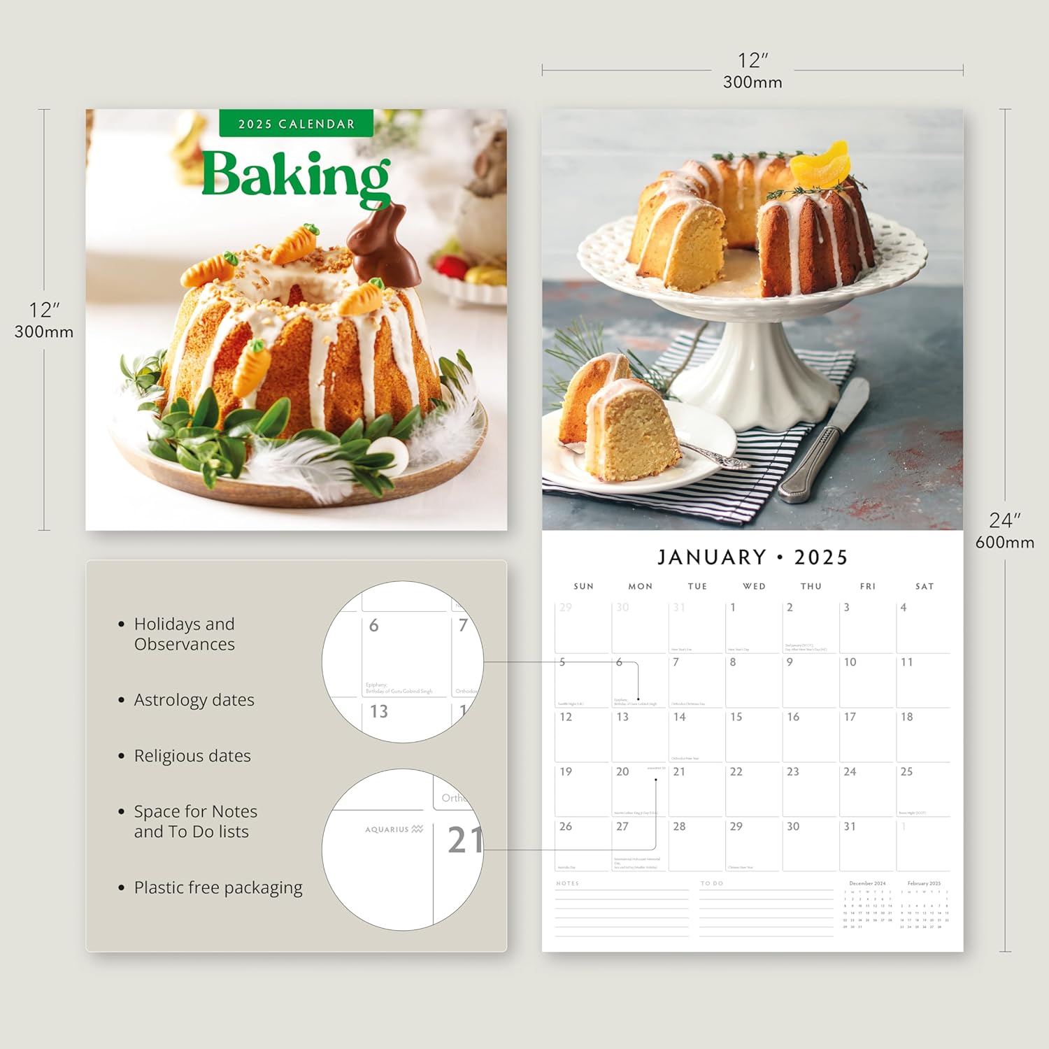 Red Robin 2025 Baking Monthly Wall Calendar | 12" x 24" Open | Premium Thick & Sturdy Paper | Hangable 12 Month Calendar | Plastic Free | 4 Month Transition Page for 2024