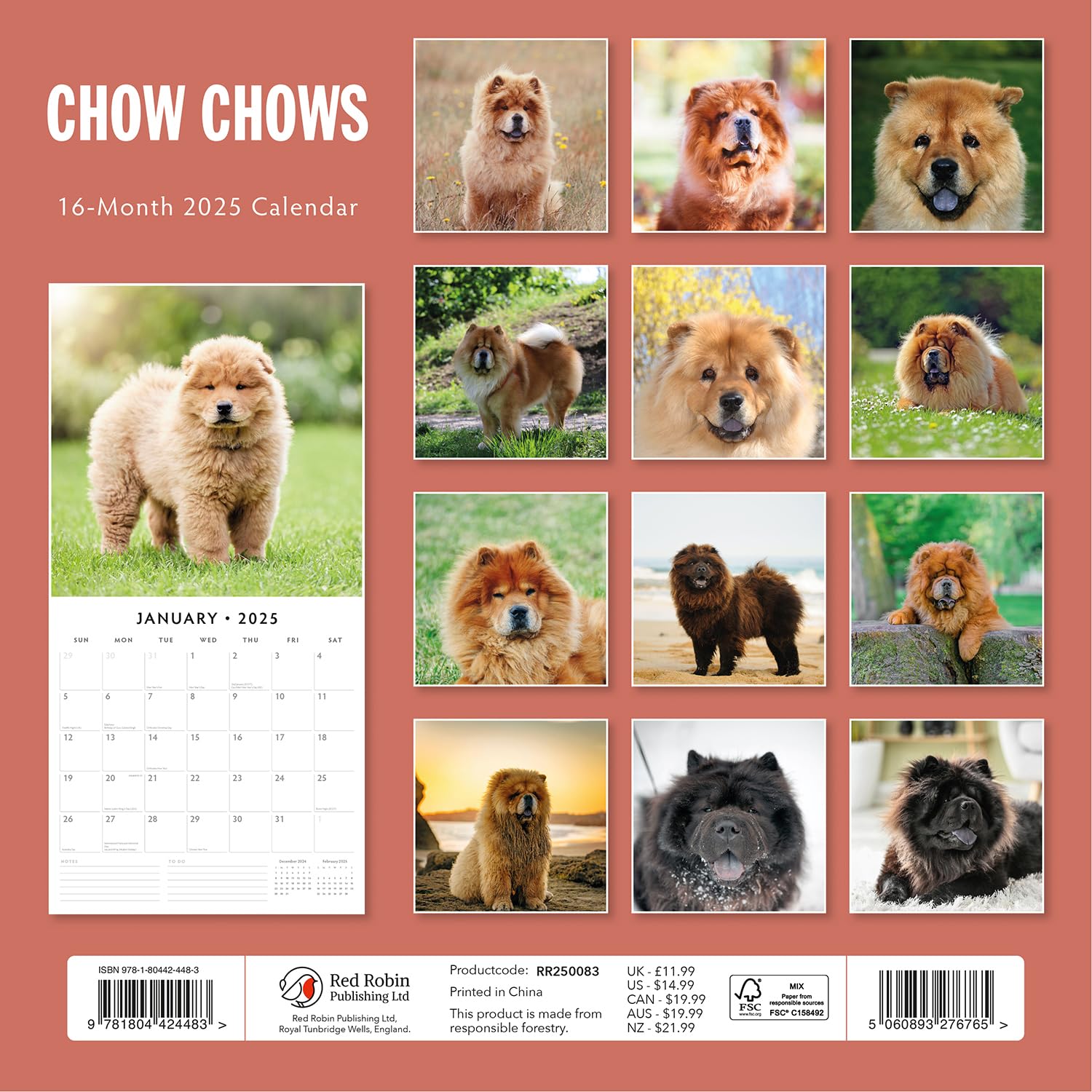 Red Robin 2025 Chow Chows Monthly Wall Calendar | 12" x 24" Open | Premium Thick & Sturdy Paper | Hangable 12 Month Calendar | Plastic Free | 4 Month Transition Page for 2024