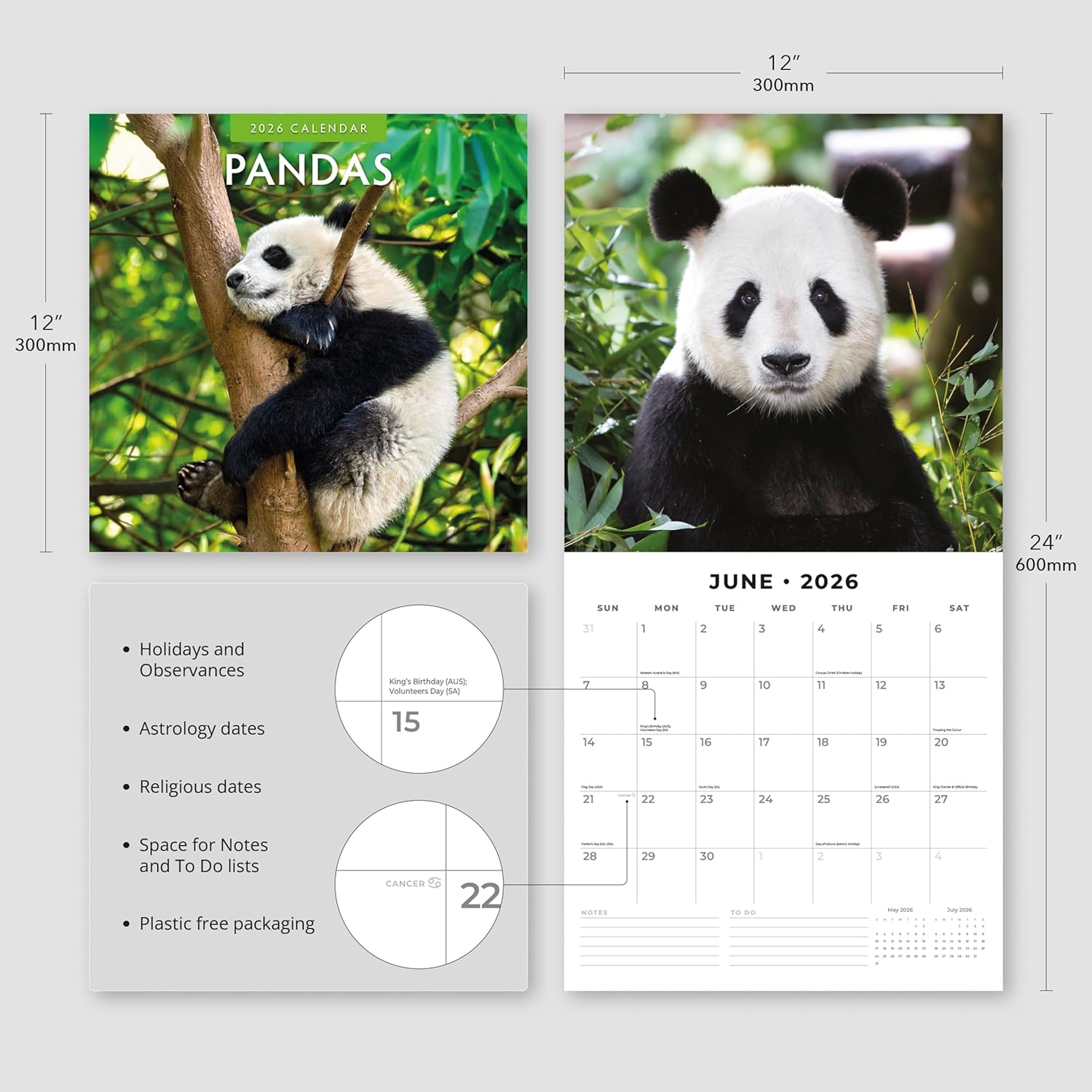 Red Robin 2026 Pandas Monthly Wall Calendar | 12" x 24" Open | Premium Thick & Sturdy Paper | Hangable 12 Month Calendar | Lined Notes & To Do Area | Vivid Images | Plastic Free