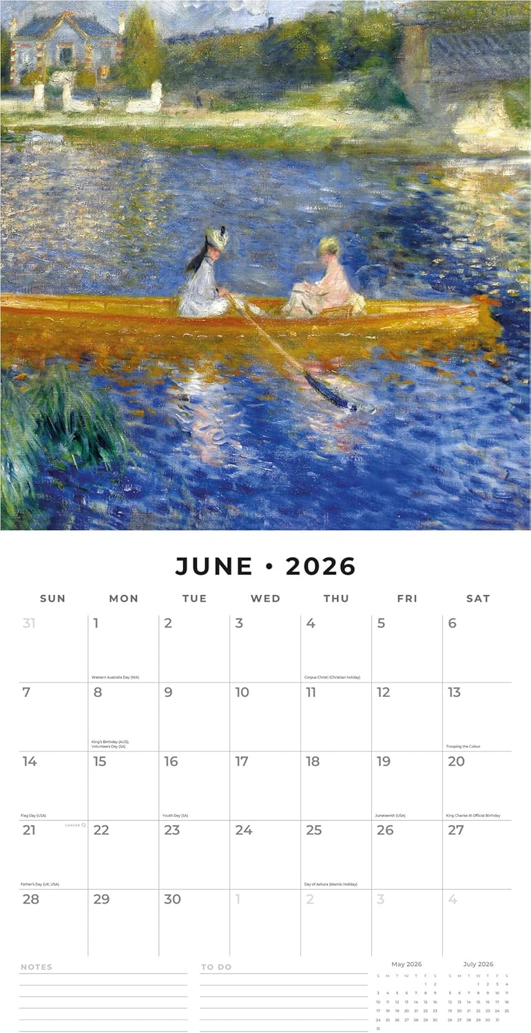 Red Robin 2026 Renoir Monthly Wall Calendar | 12" x 24" Open | Premium Thick & Sturdy Paper | Hangable 12 Month Calendar | Lined Notes & To Do Area | Vivid Images | Plastic Free