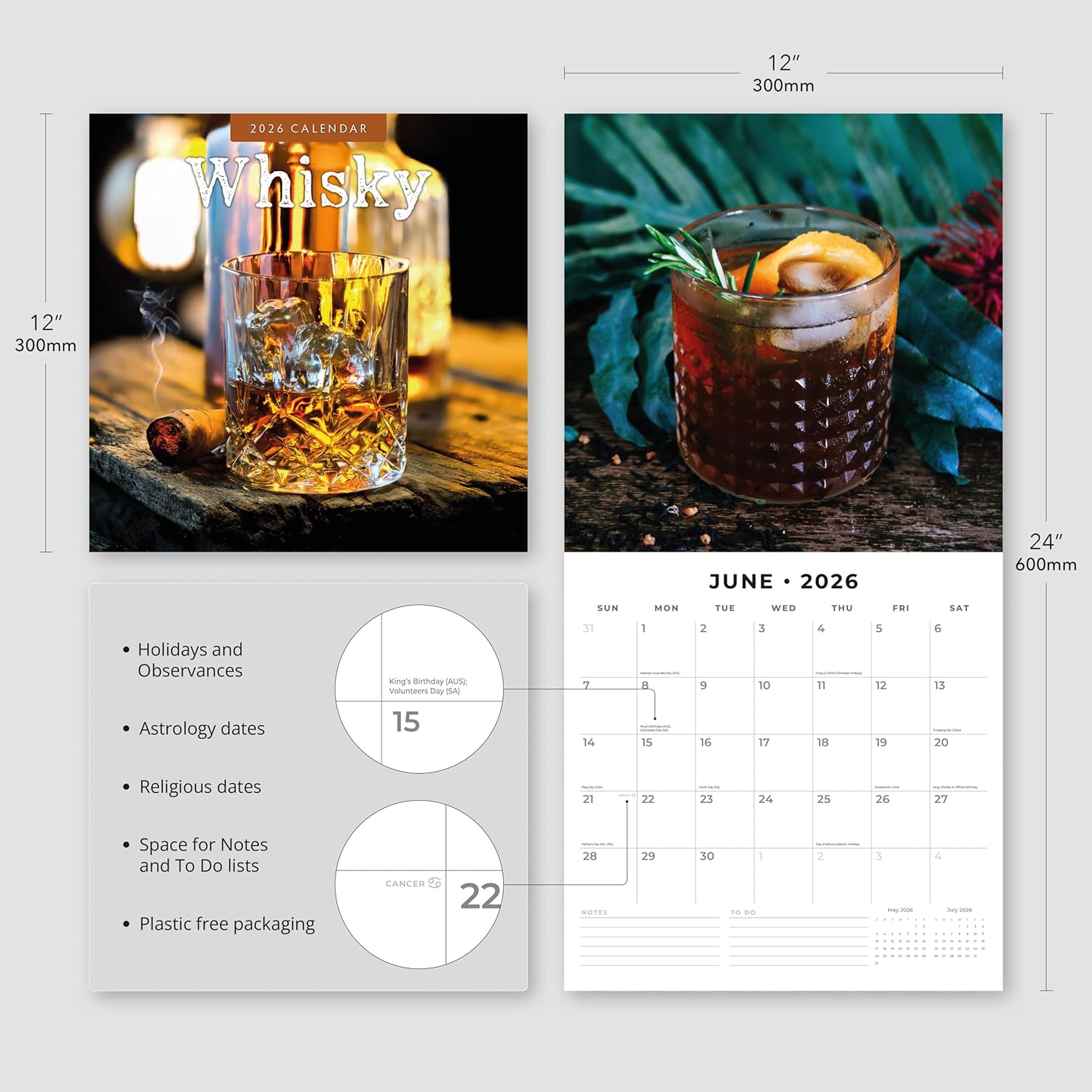 Red Robin 2026 Whisky Monthly Wall Calendar | 12" x 24" Open | Premium Thick & Sturdy Paper | Hangable 12 Month Calendar | Lined Notes & To Do Area | Vivid Images | Plastic Free