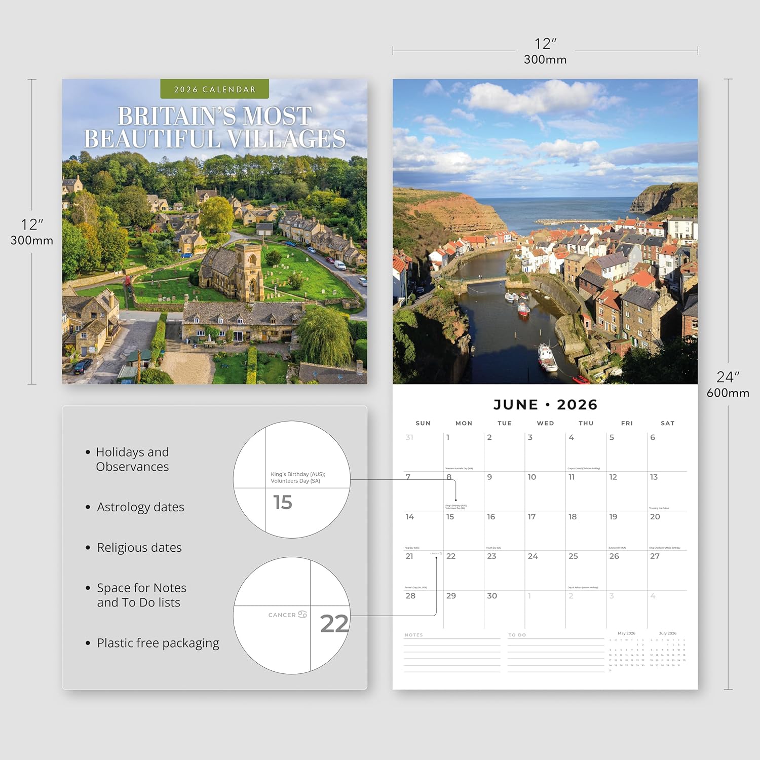 Red Robin 2026 Britain's Most Beautiful Villages Monthly Wall Calendar | 12" x 24" Open | Premium Thick & Sturdy Paper | Hangable 12 Month Calendar | Lined Notes & To Do Area | Plastic Free
