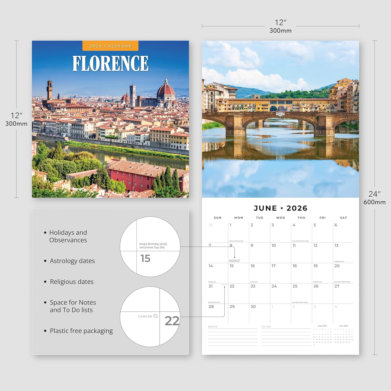 Red Robin 2026 Florence Monthly Wall Calendar | 12" x 24" Open | Premium Thick & Sturdy Paper | Hangable 12 Month Calendar | Lined Notes & To Do Area | Vivid Images | Plastic Free