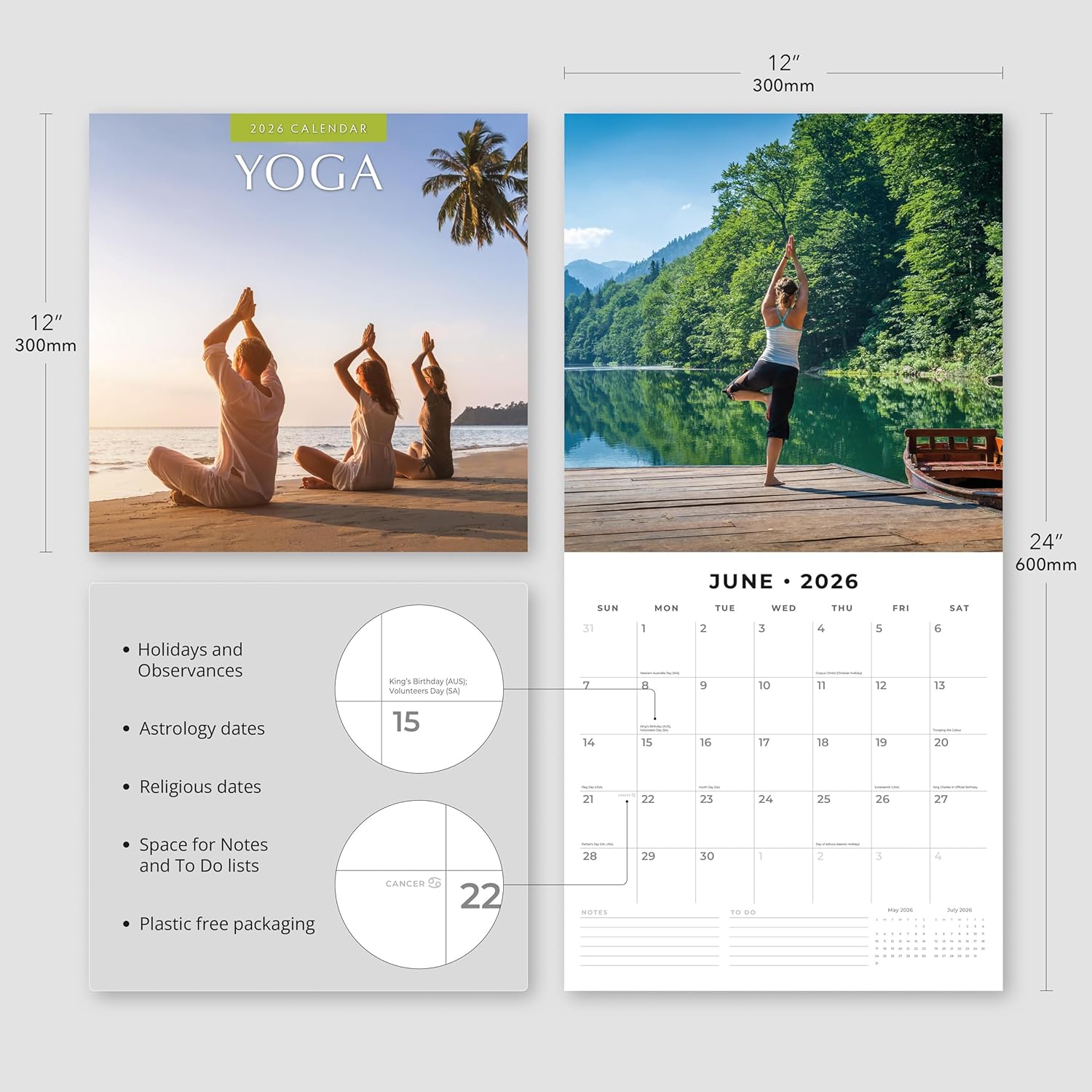 Red Robin 2026 Yoga Monthly Wall Calendar | 12" x 24" Open | Premium Thick & Sturdy Paper | Hangable 12 Month Calendar | Lined Notes & To Do Area | Vivid Images | Plastic Free