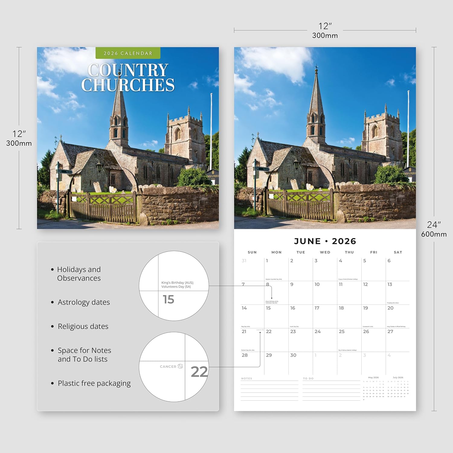 Red Robin 2026 Country Churches Monthly Wall Calendar | 12" x 24" Open | Premium Thick & Sturdy Paper | Hangable 12 Month Calendar | Lined Notes & To Do Area | Vivid Images | Plastic Free