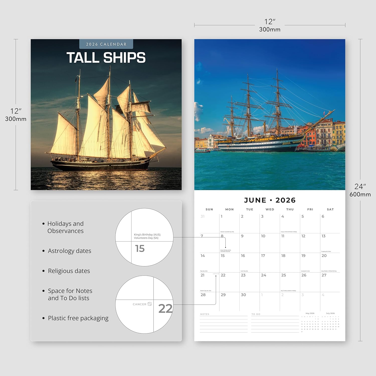 Red Robin 2026 Tall Ships Monthly Wall Calendar | 12" x 24" Open | Premium Thick & Sturdy Paper | Hangable 12 Month Calendar | Lined Notes & To Do Area | Vivid Images | Plastic Free
