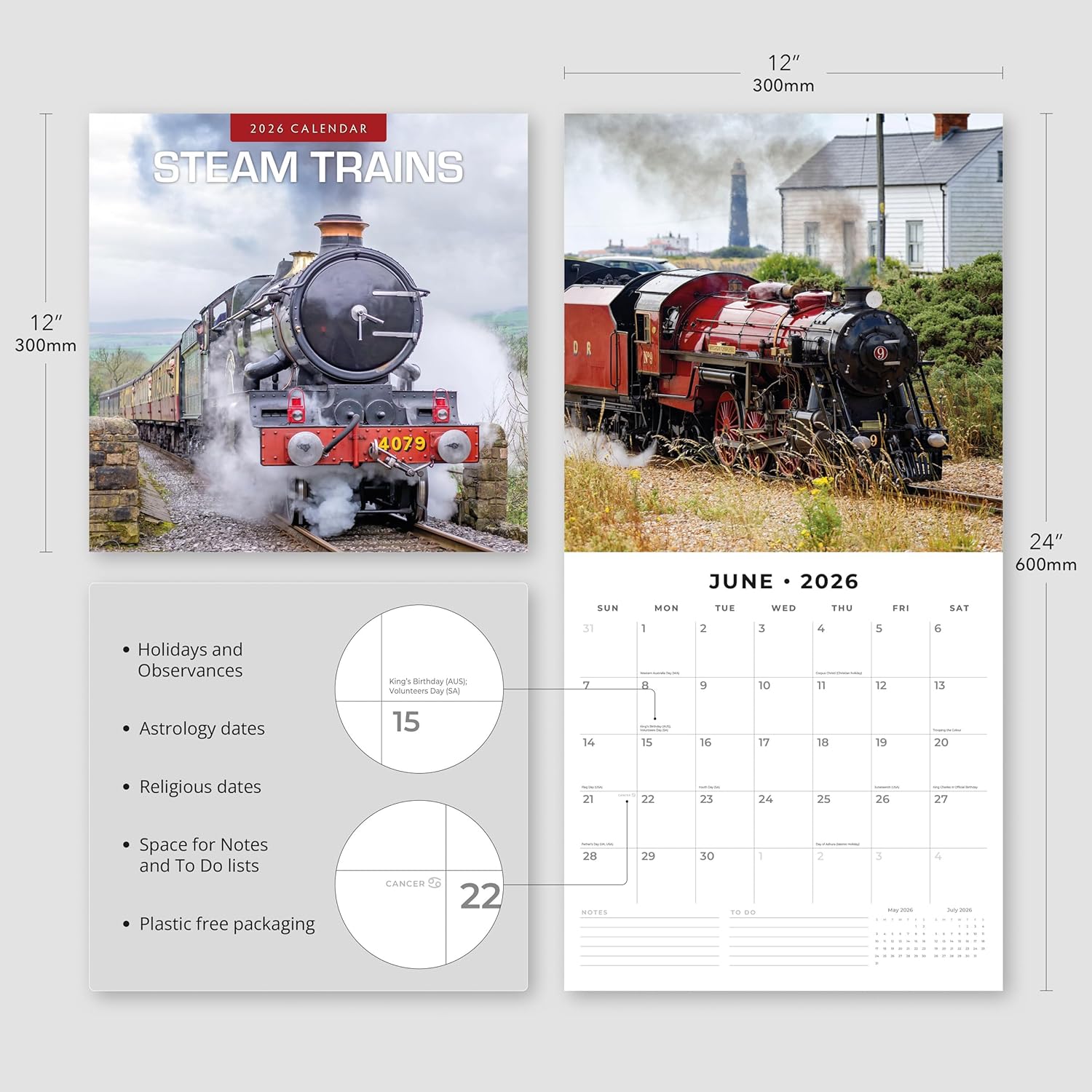Red Robin 2026 Steam Trains Monthly Wall Calendar | 12" x 24" Open | Premium Thick & Sturdy Paper | Hangable 12 Month Calendar | Lined Notes & To Do Area | Vivid Images | Plastic Free