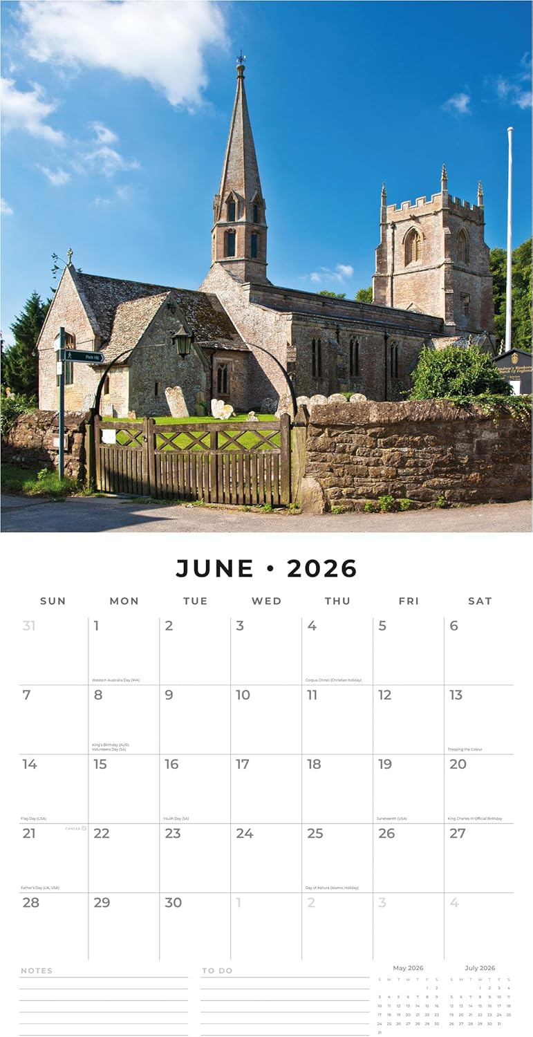Red Robin 2026 Country Churches Monthly Wall Calendar | 12" x 24" Open | Premium Thick & Sturdy Paper | Hangable 12 Month Calendar | Lined Notes & To Do Area | Vivid Images | Plastic Free