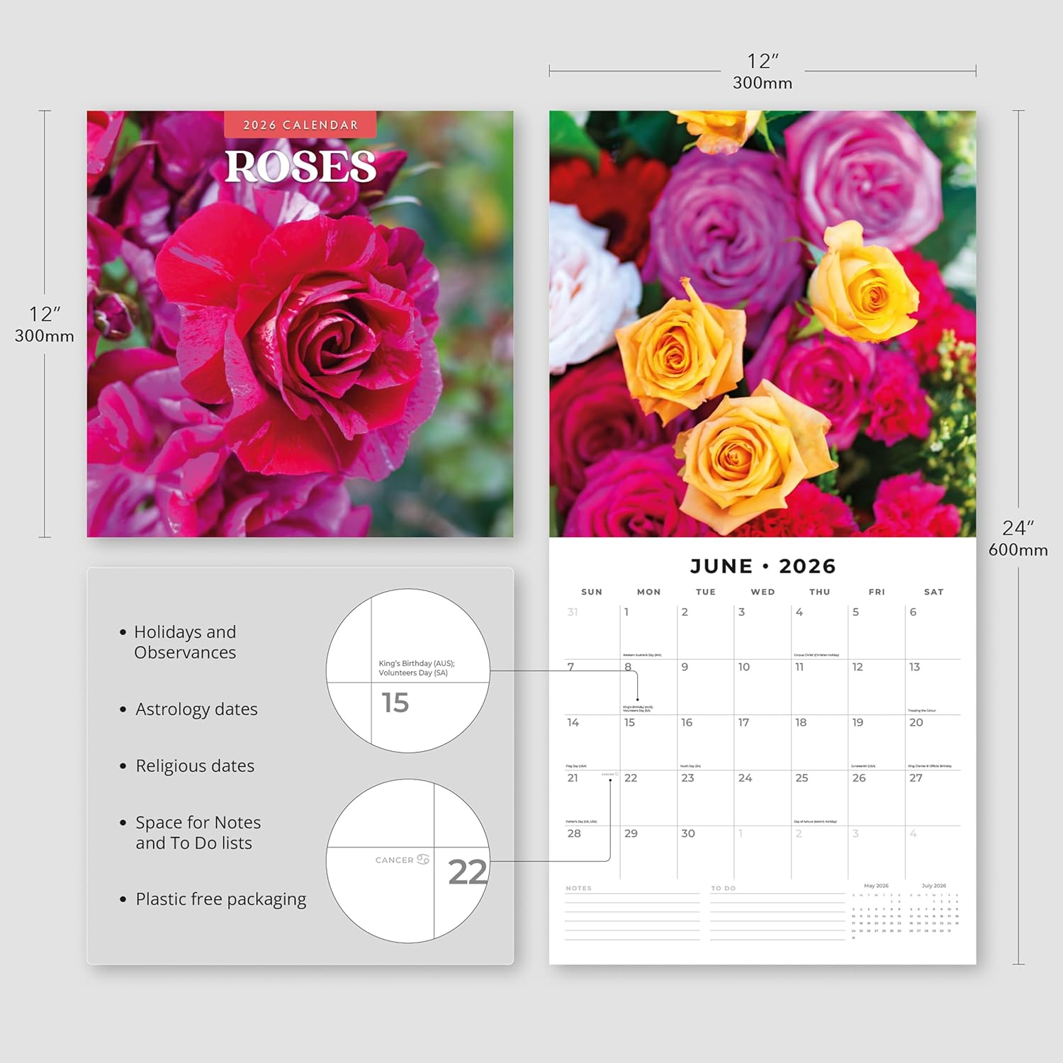 Red Robin 2026 Roses Monthly Wall Calendar | 12" x 24" Open | Premium Thick & Sturdy Paper | Hangable 12 Month Calendar | Lined Notes & To Do Area | Vivid Images | Plastic Free