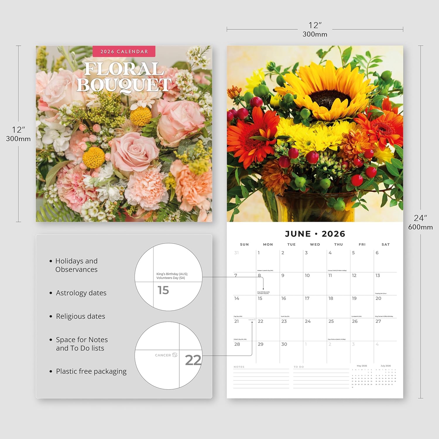 Red Robin 2026 Floral Bouquet Monthly Wall Calendar | 12" x 24" Open | Premium Thick & Sturdy Paper | Hangable 12 Month Calendar | Lined Notes & To Do Area | Vivid Images | Plastic Free